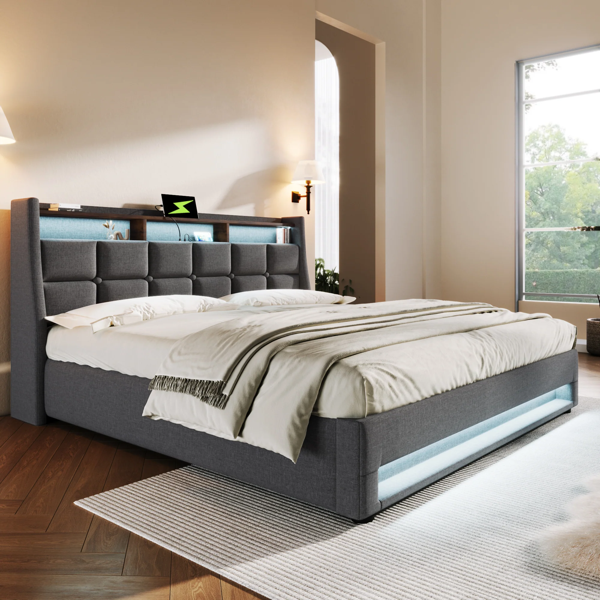 Upholstered Bed, USB LED, Metal Frame, Linen - Image 6