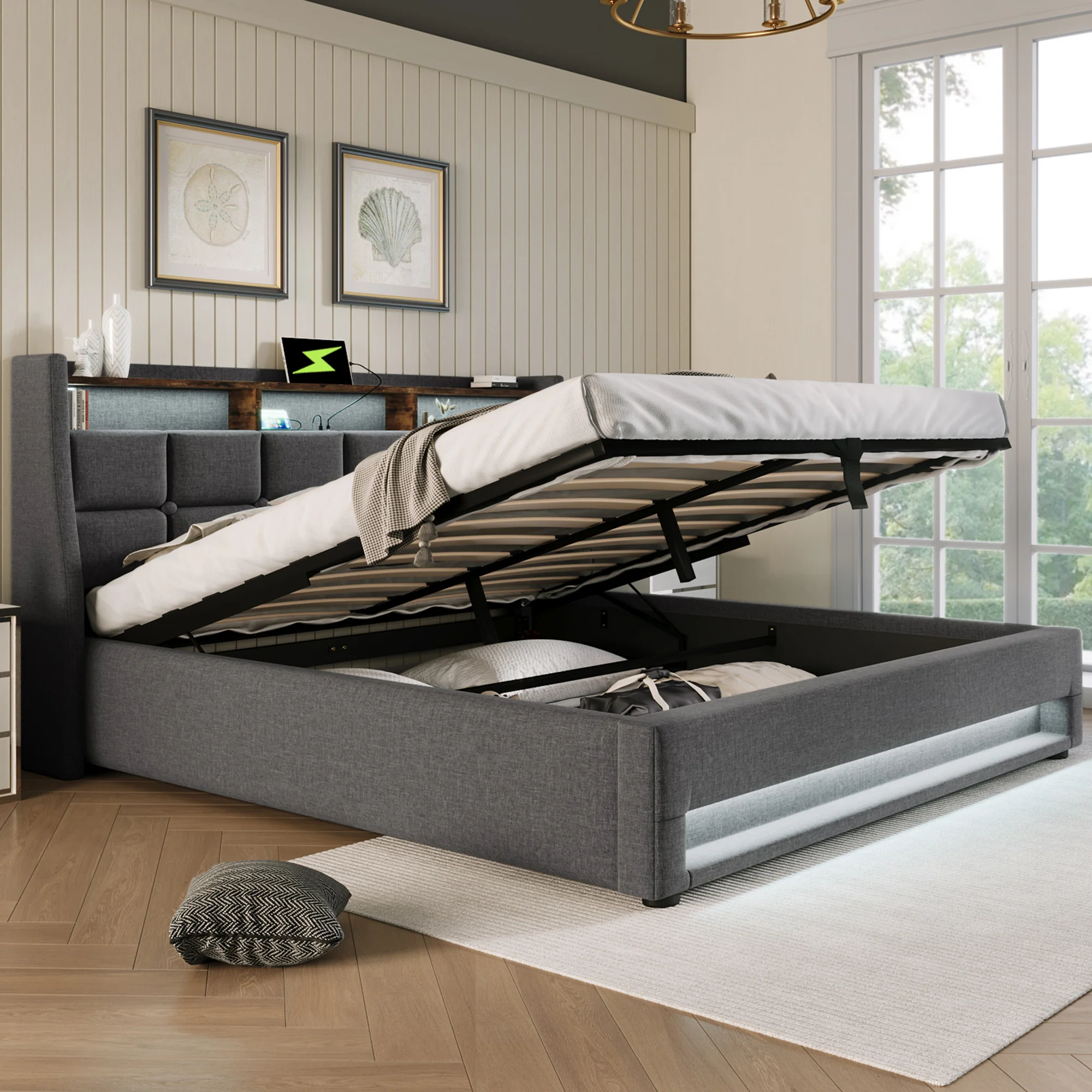 Upholstered Bed, USB LED, Metal Frame, Linen - Image 8