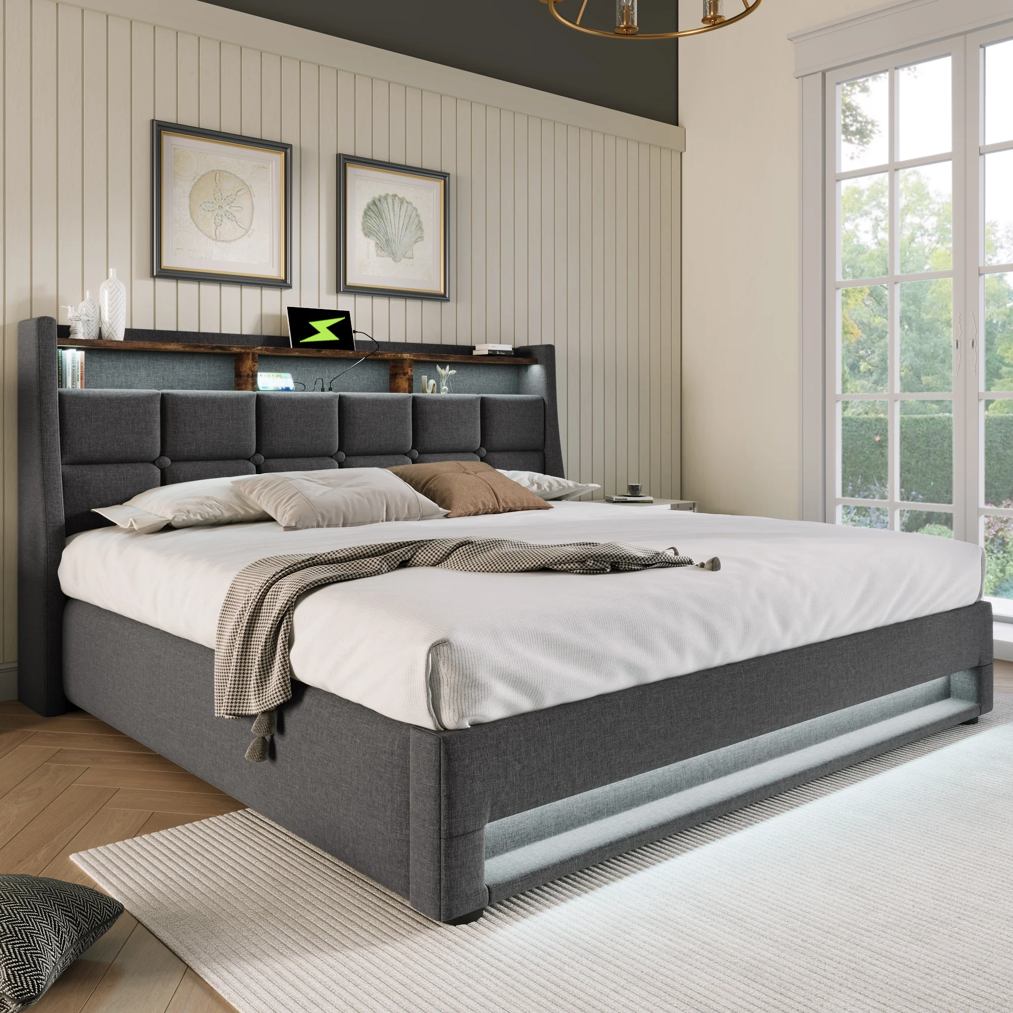 Upholstered Bed, USB LED, Metal Frame, Linen - Image 9