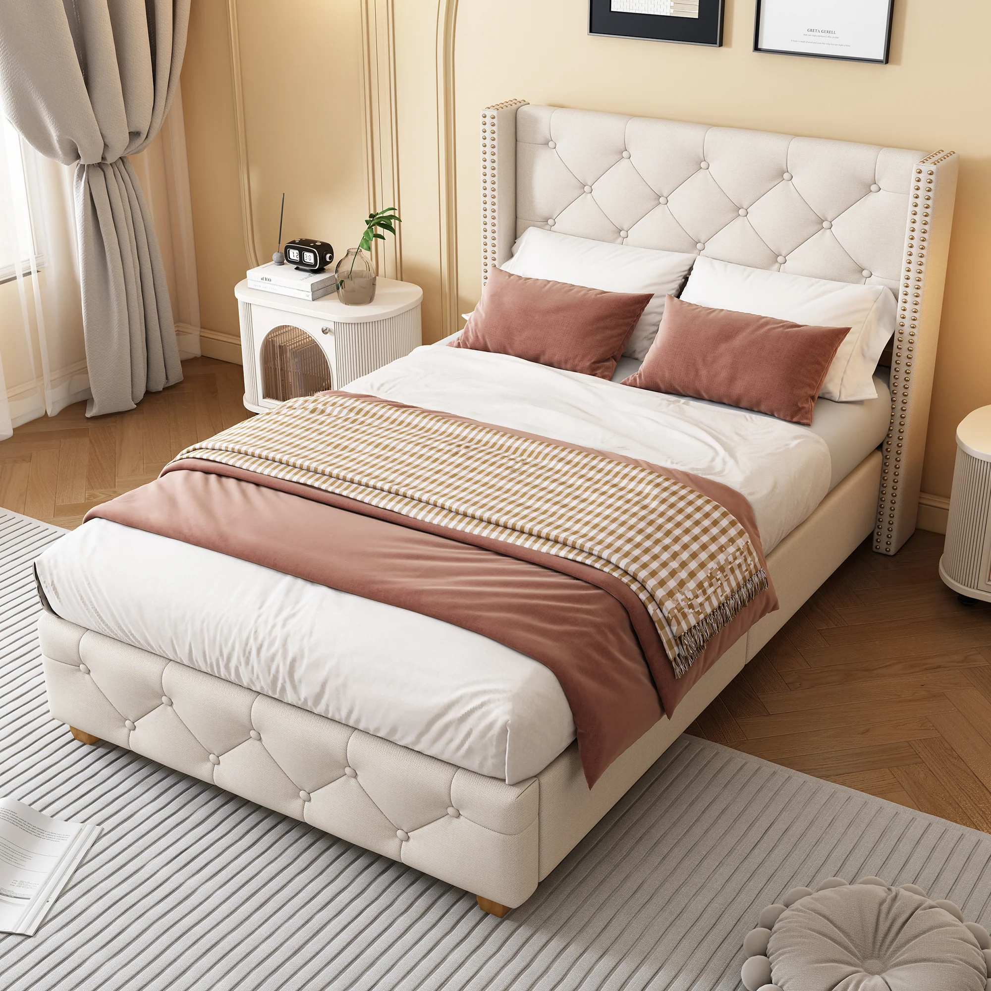 Upholstered Bed with Slatted Frame and Headboard, 90x200cm, Beige Linen - Image 3