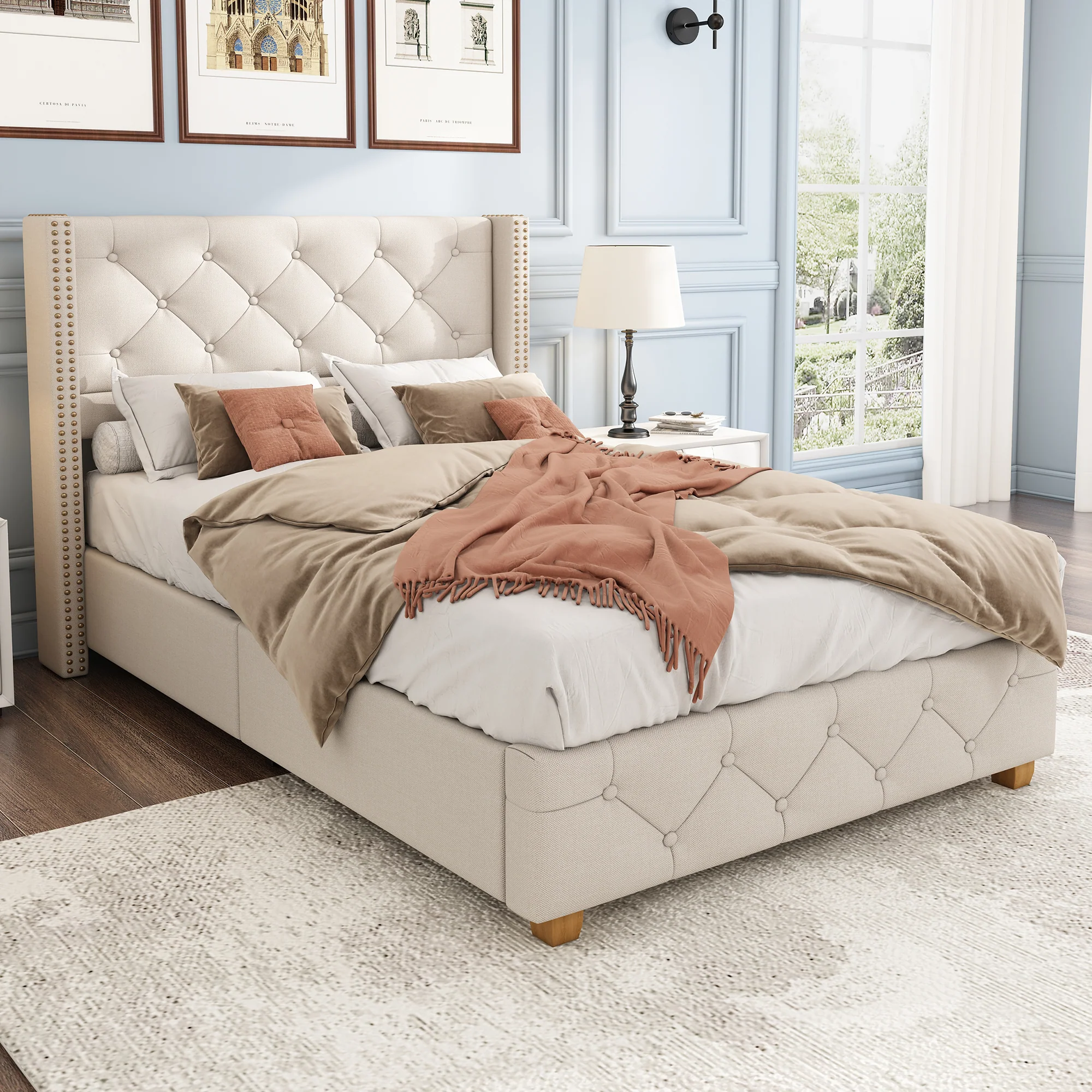 Upholstered Bed with Slatted Frame and Headboard, 90x200cm, Beige Linen - Image 4