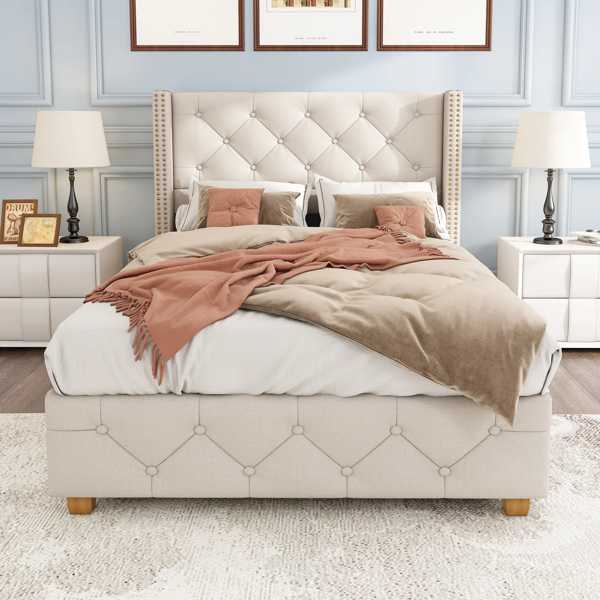 Upholstered Bed with Slatted Frame and Headboard, 90x200cm, Beige Linen - Image 5