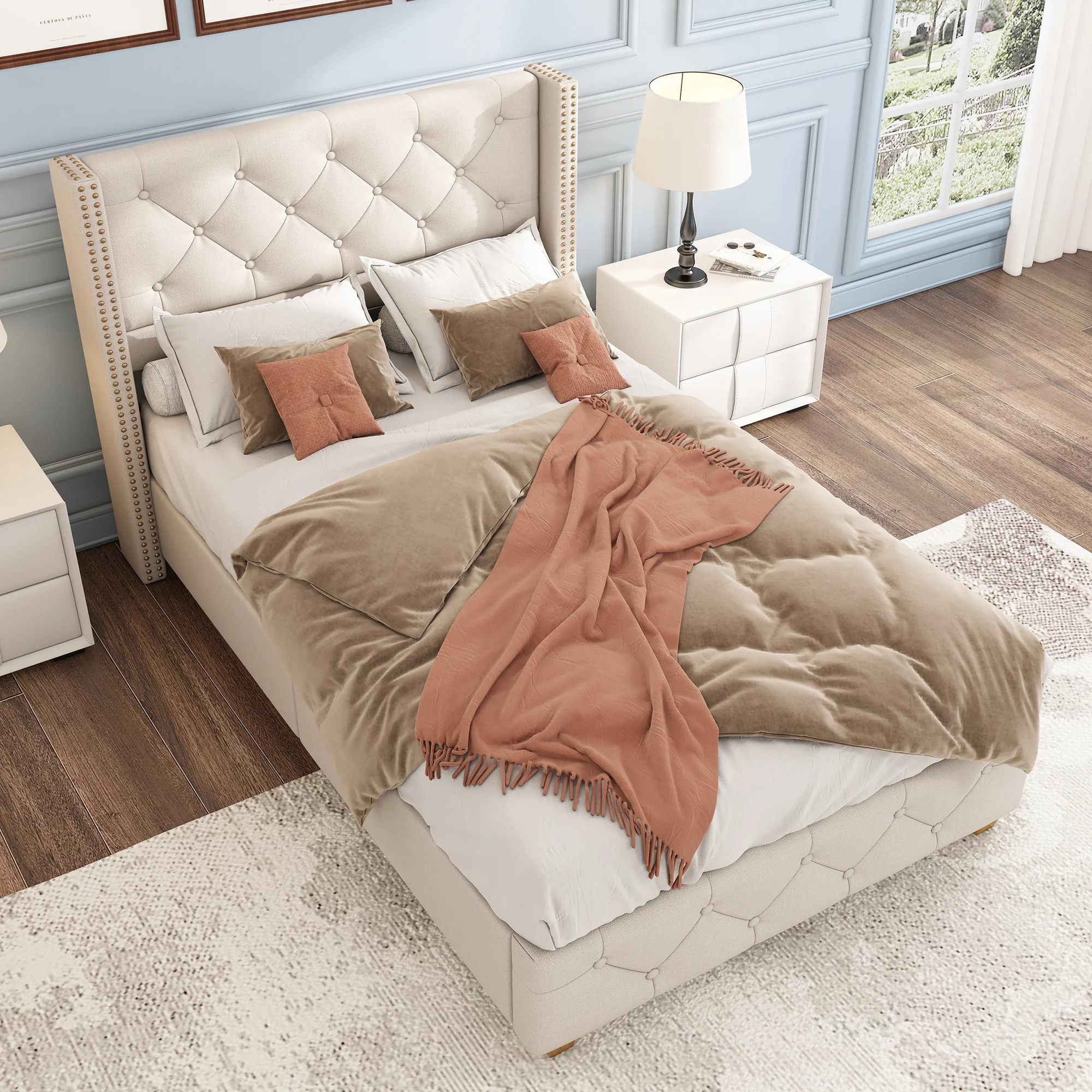 Upholstered Bed with Slatted Frame and Headboard, 90x200cm, Beige Linen - Image 6