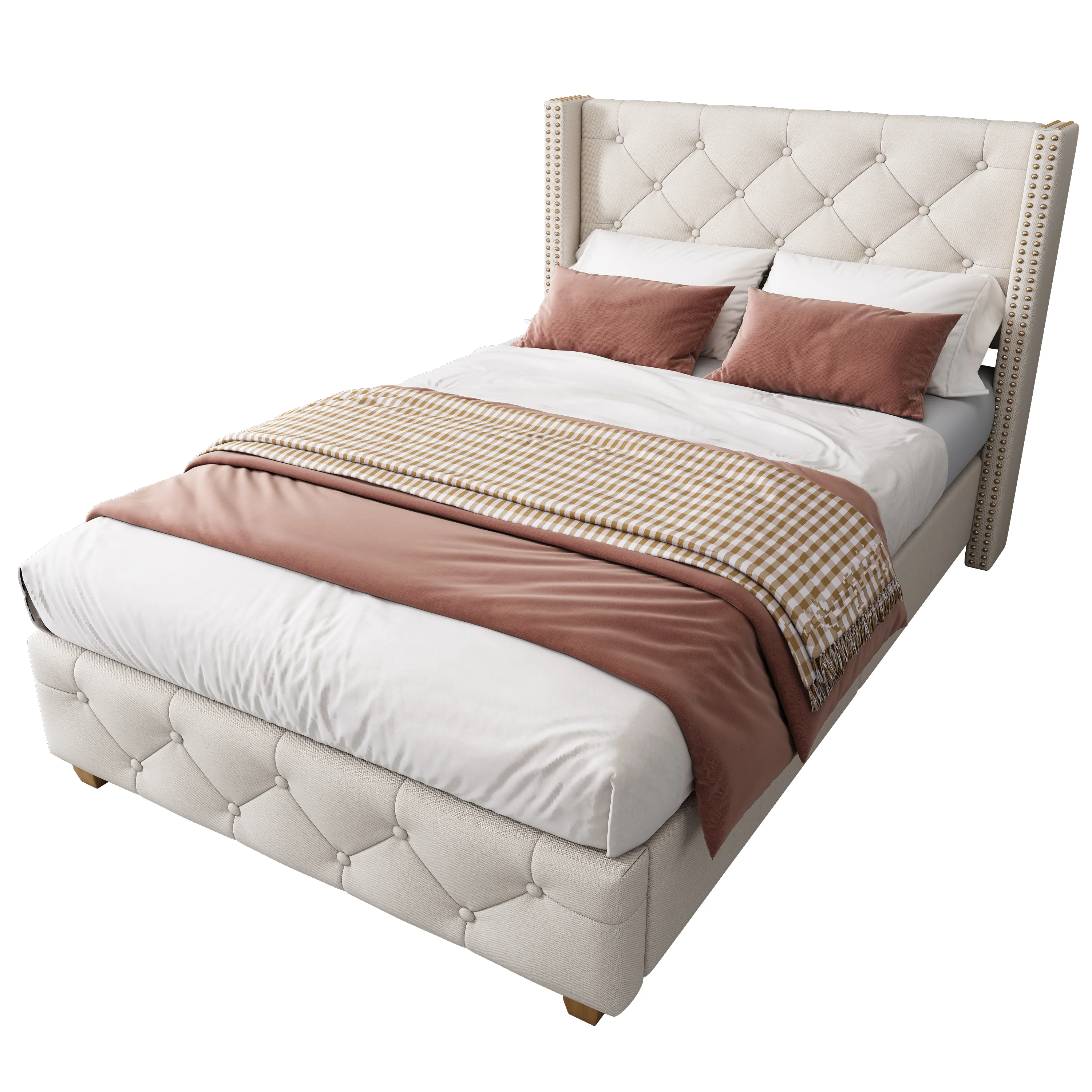 Upholstered Bed with Slatted Frame and Headboard, 90x200cm, Beige Linen - Image 7