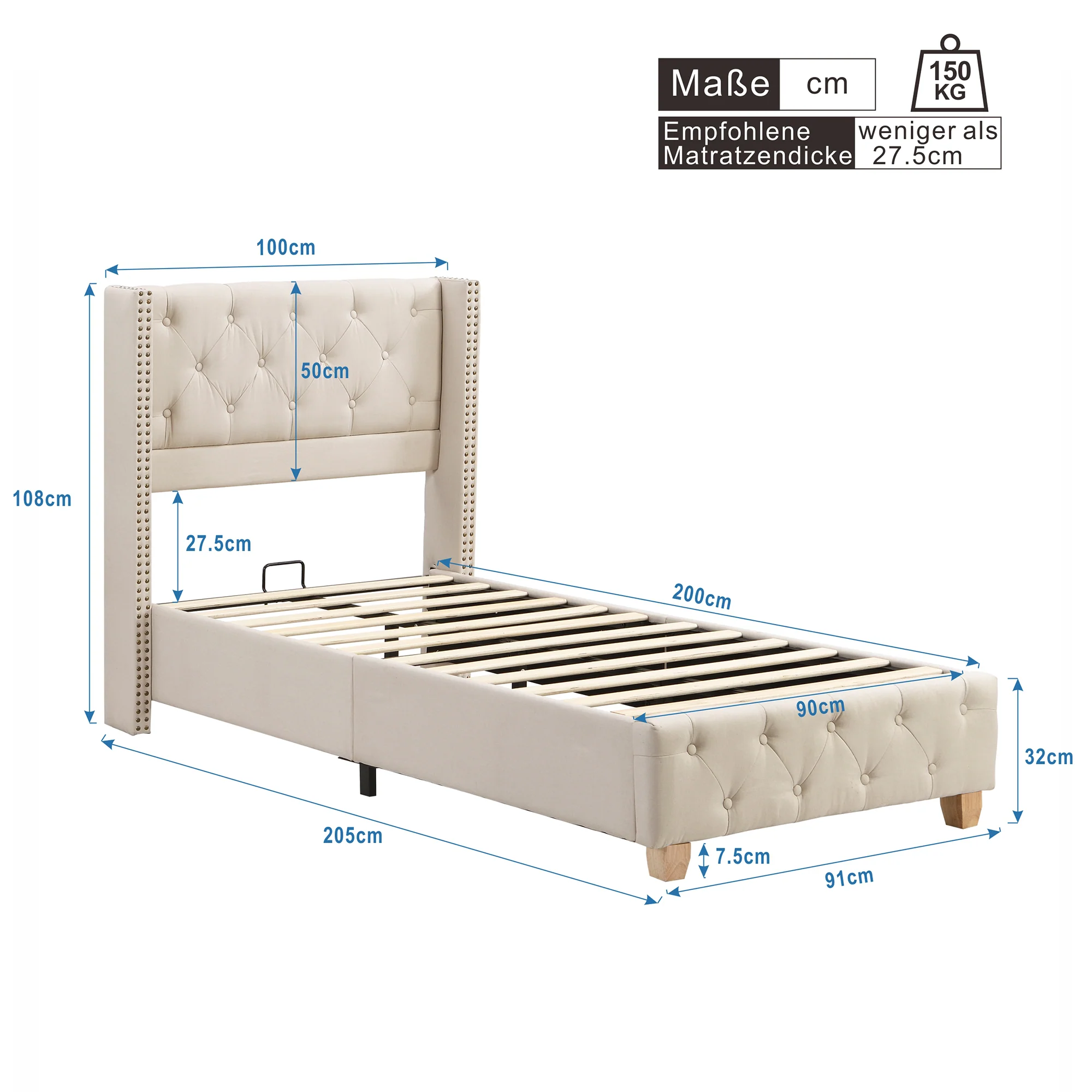 Upholstered Bed with Slatted Frame and Headboard, 90x200cm, Beige Linen - Image 8