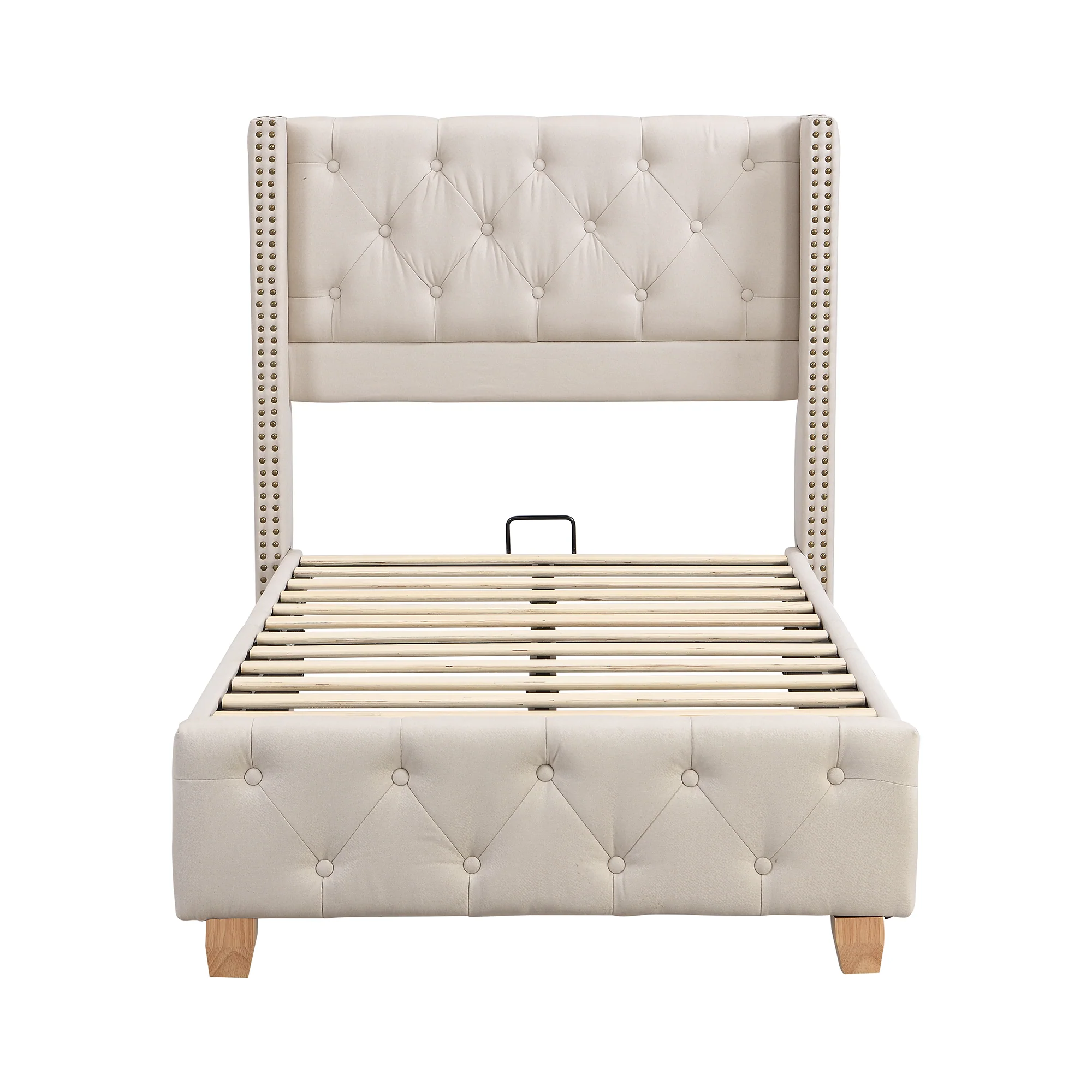 Upholstered Bed with Slatted Frame and Headboard, 90x200cm, Beige Linen - Image 9