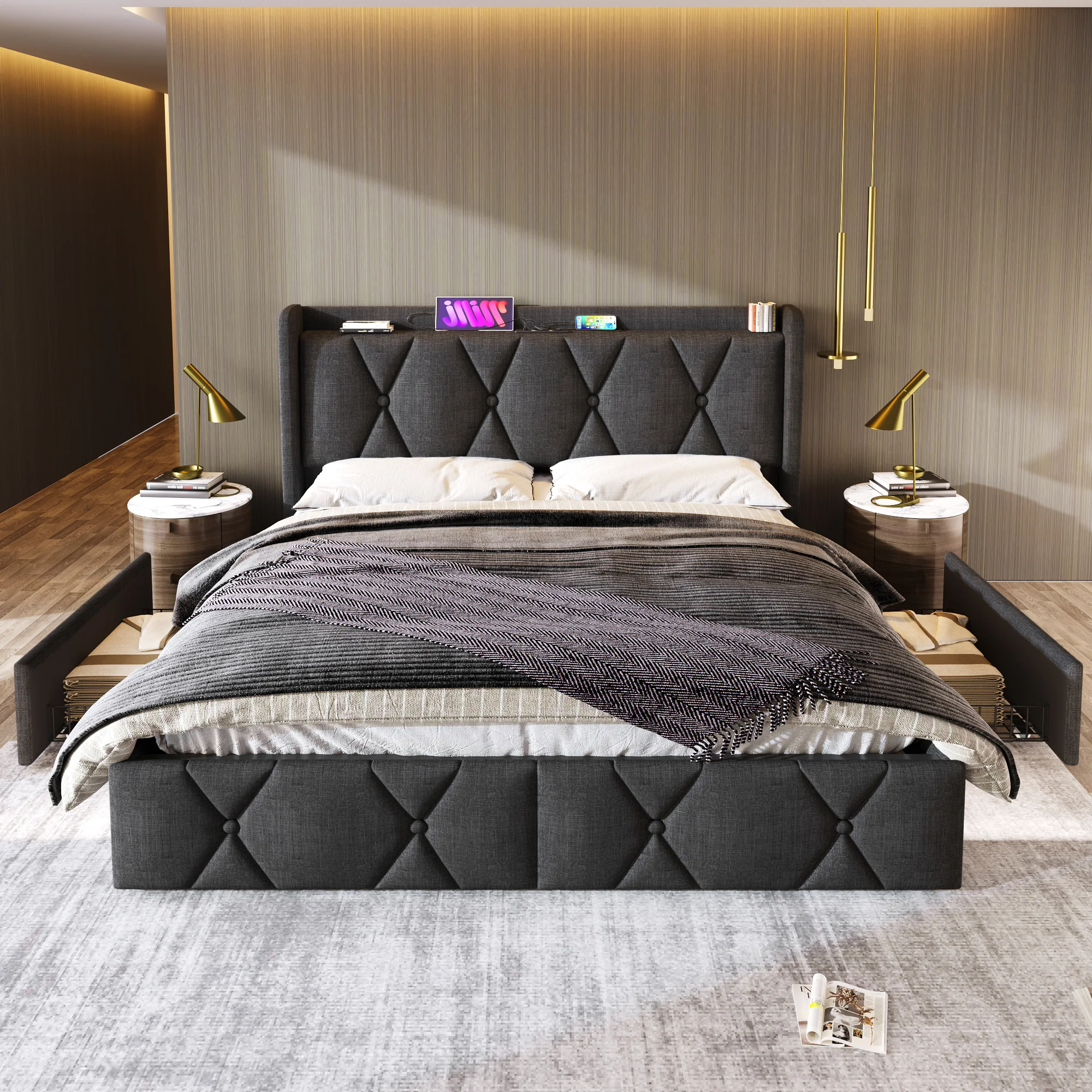 Upholstered Bed with USB Charging Headboard, 4-Drawer Storage, 160x200cm, Gray - Image 10