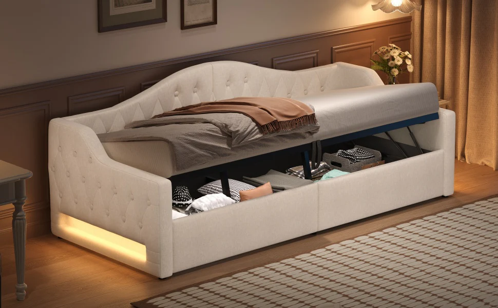 Upholstered Daybed, 90x200 LED Storage, Beige - Image 6