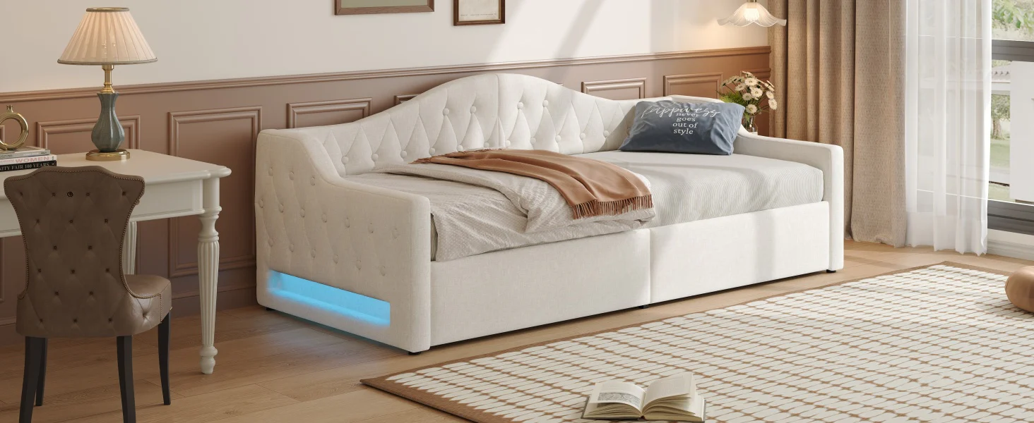 Upholstered Daybed, 90x200 LED Storage, Beige - Image 9