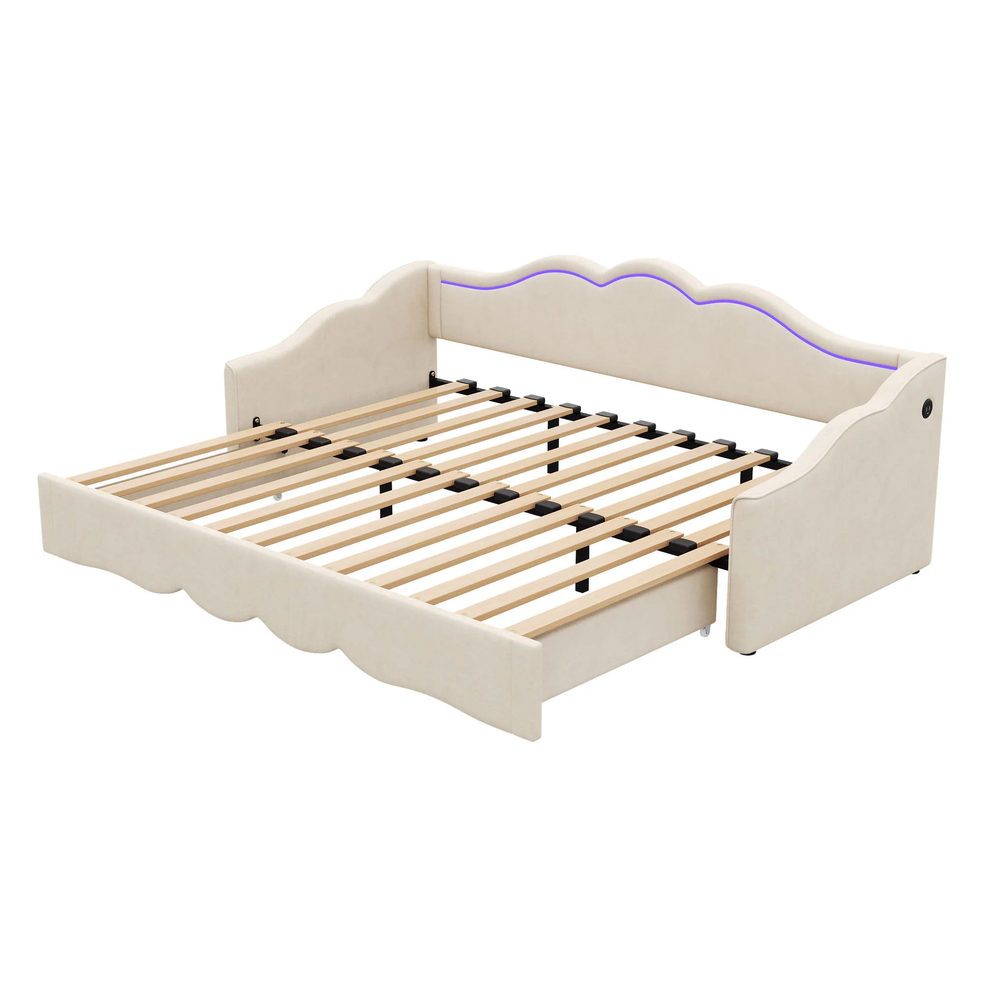 Upholstered Daybed, 90x200cm Extendable to 180cm with LED and USB Port, Beige Velvet - Image 8