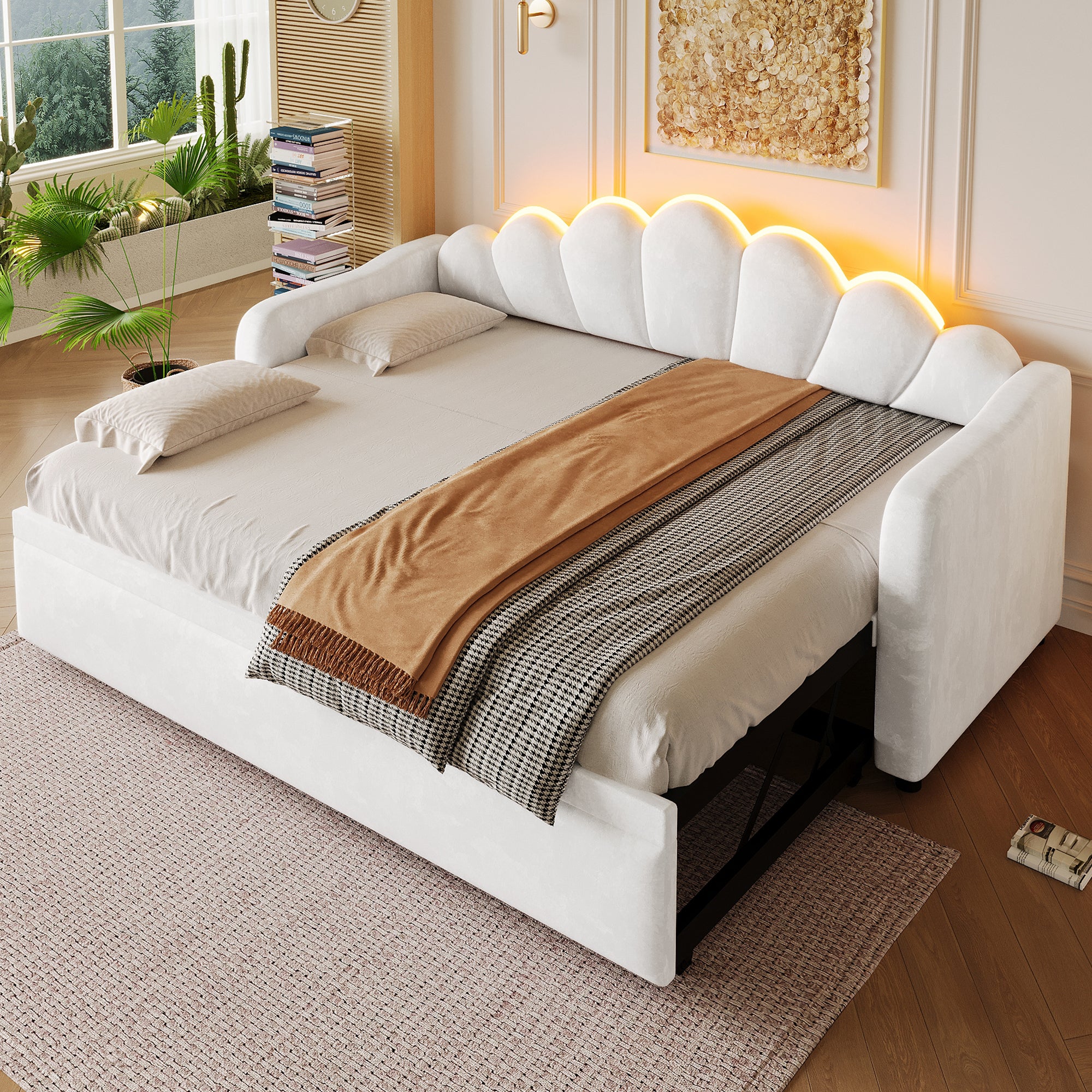 Upholstered Daybed with Pull-out Function and LED Lighting, 90x200cm, White - Image 2