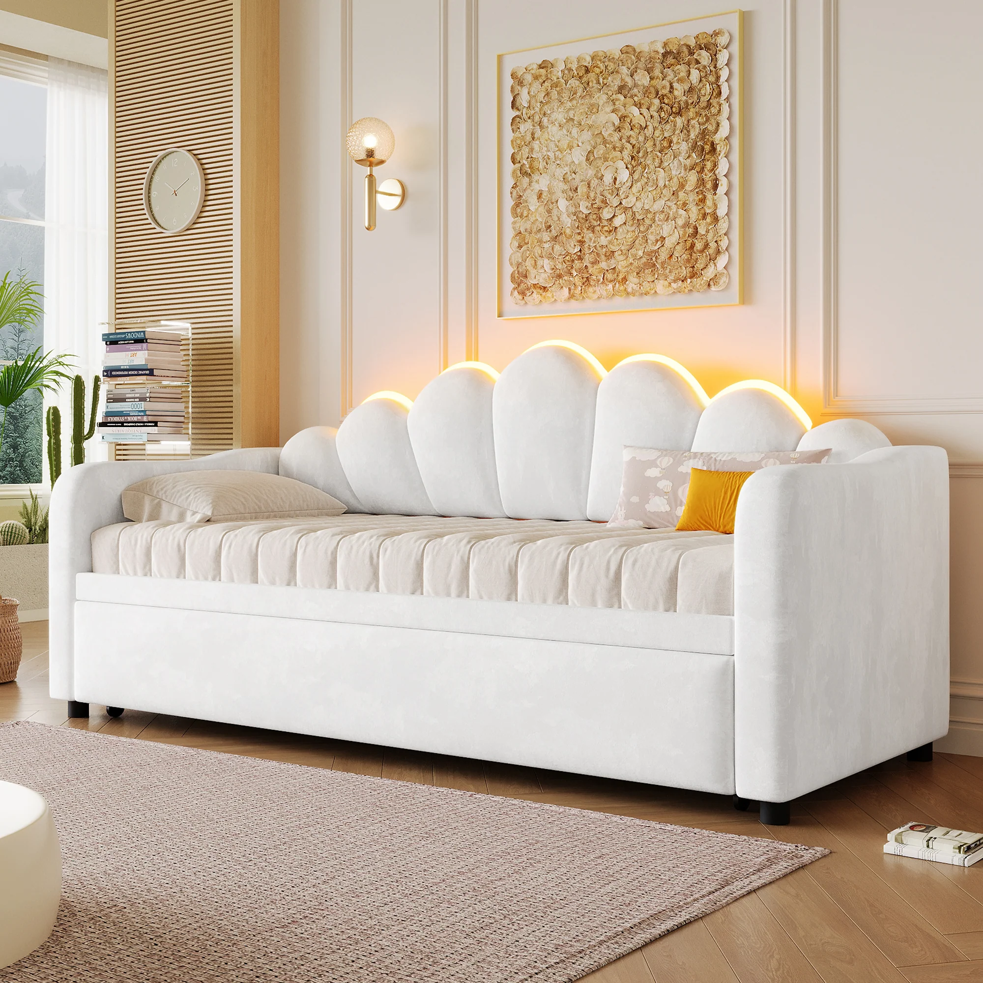 Upholstered Daybed with Pull-out Function and LED Lighting, 90x200cm, White - Image 3
