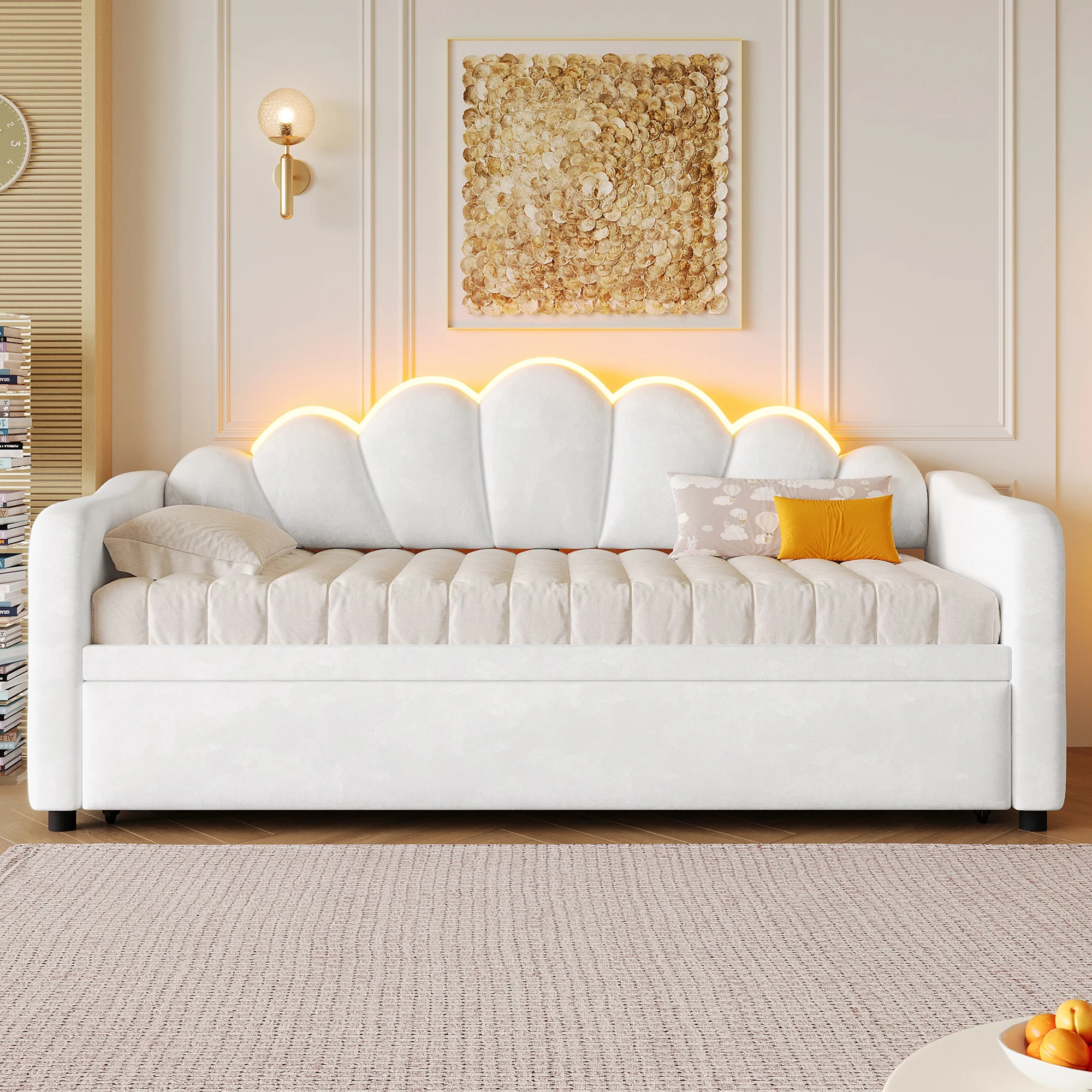 Upholstered Daybed with Pull-out Function and LED Lighting, 90x200cm, White - Image 4