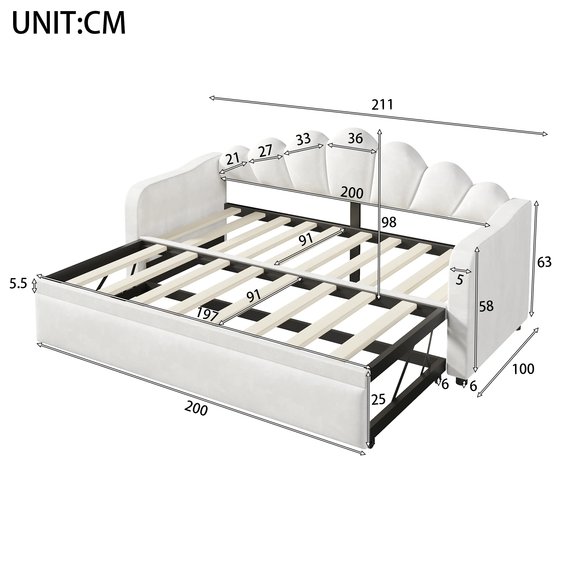 Upholstered Daybed with Pull-out Function and LED Lighting, 90x200cm, White - Image 5