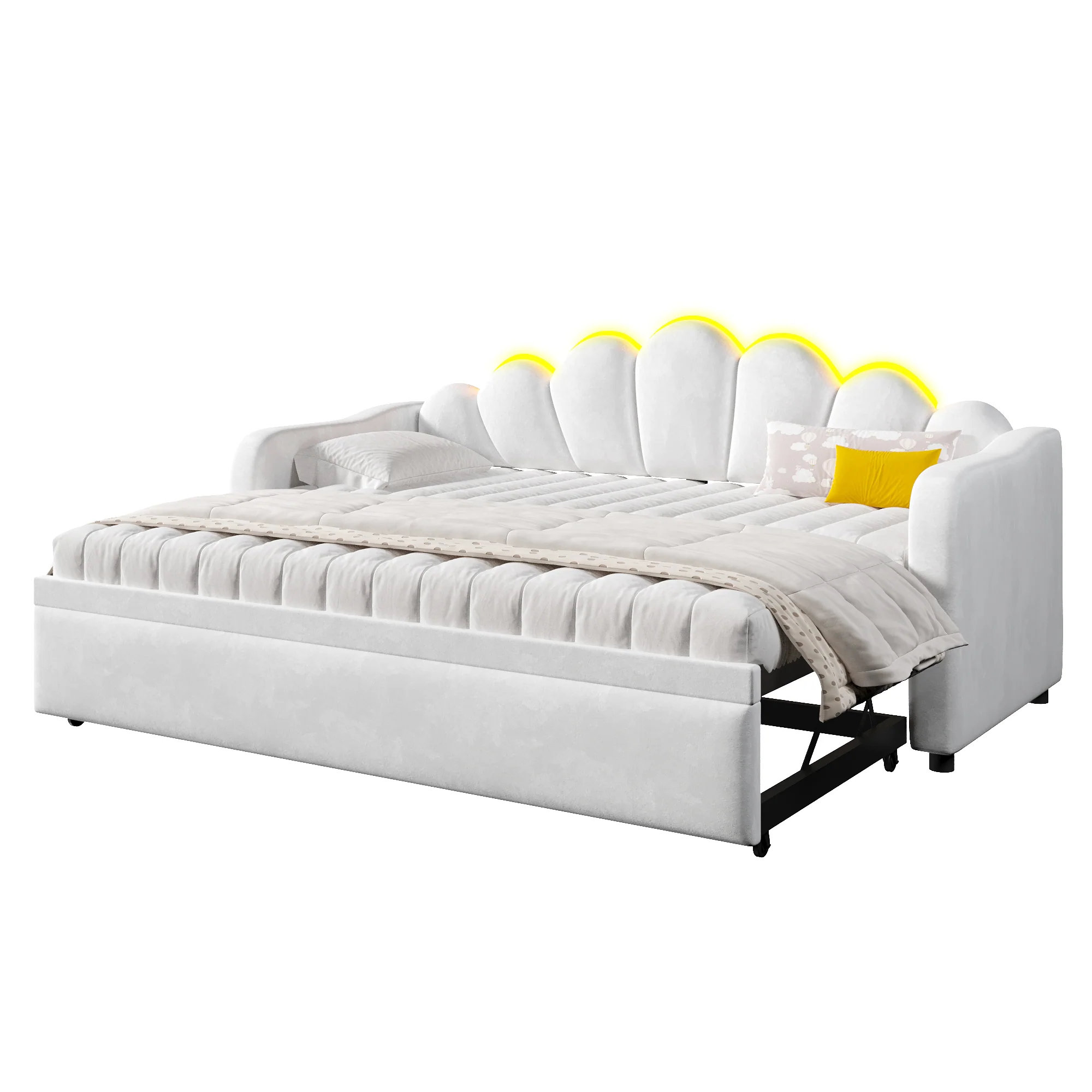 Upholstered Daybed with Pull-out Function and LED Lighting, 90x200cm, White - Image 6
