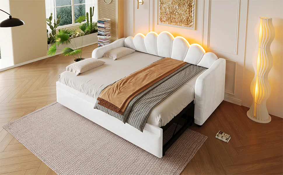 Upholstered Daybed with Pull-out Function and LED Lighting, 90x200cm, White - Image 7