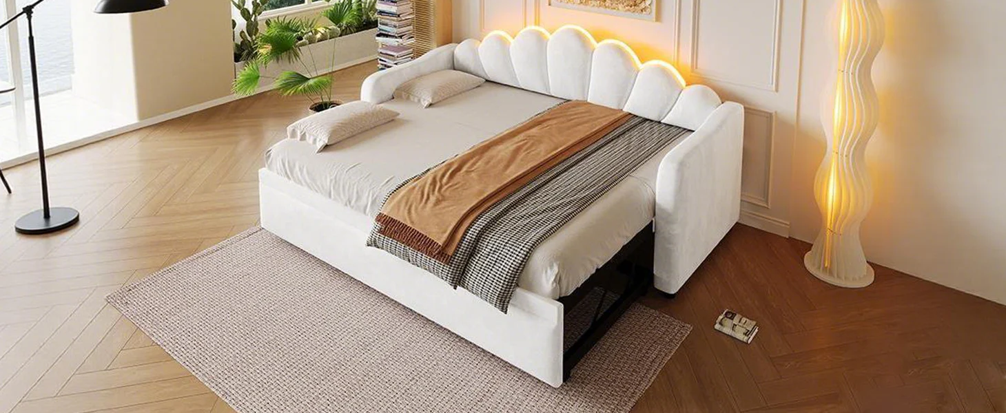 Upholstered Daybed with Pull-out Function and LED Lighting, 90x200cm, White - Image 8