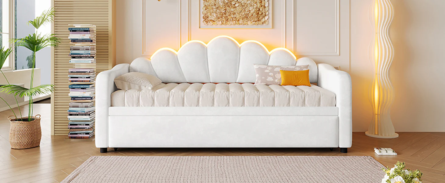 Upholstered Daybed with Pull-out Function and LED Lighting, 90x200cm, White - Image 9