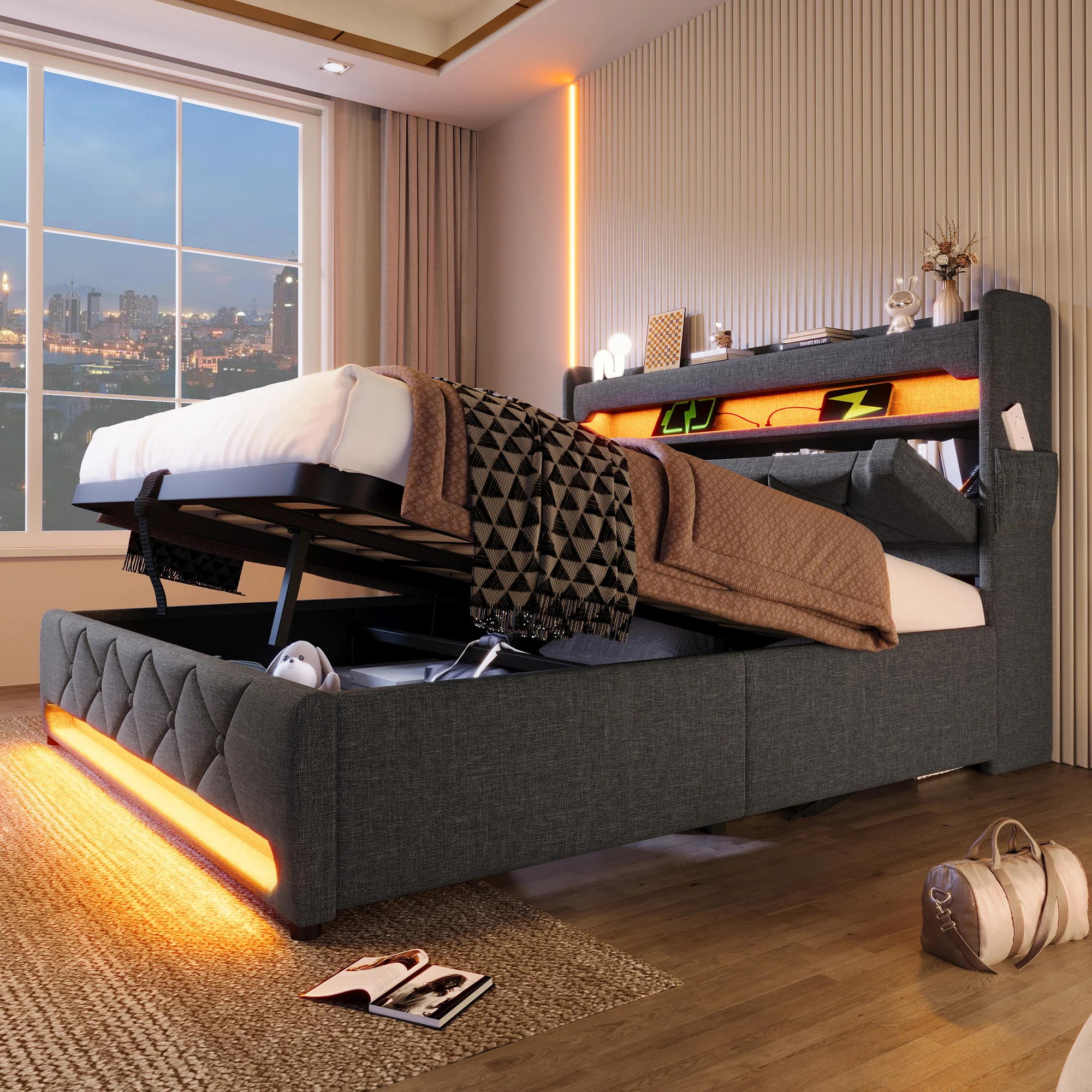 Upholstered Double Bed 160*200, Storage Headboard with USB & Type-C, Hydraulic Storage, Gray Linen - Image 10