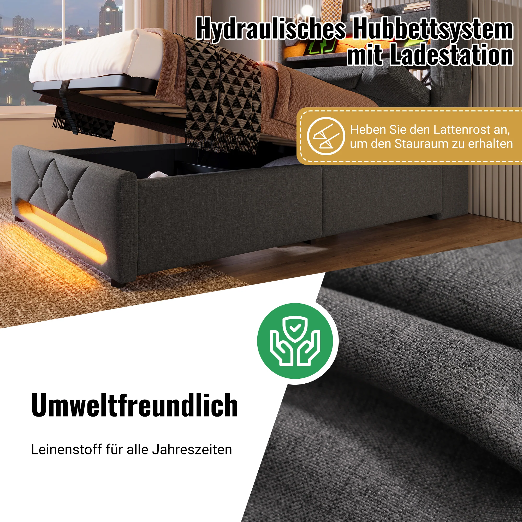 Upholstered Double Bed 160*200, Storage Headboard with USB & Type-C, Hydraulic Storage, Gray Linen - Image 7
