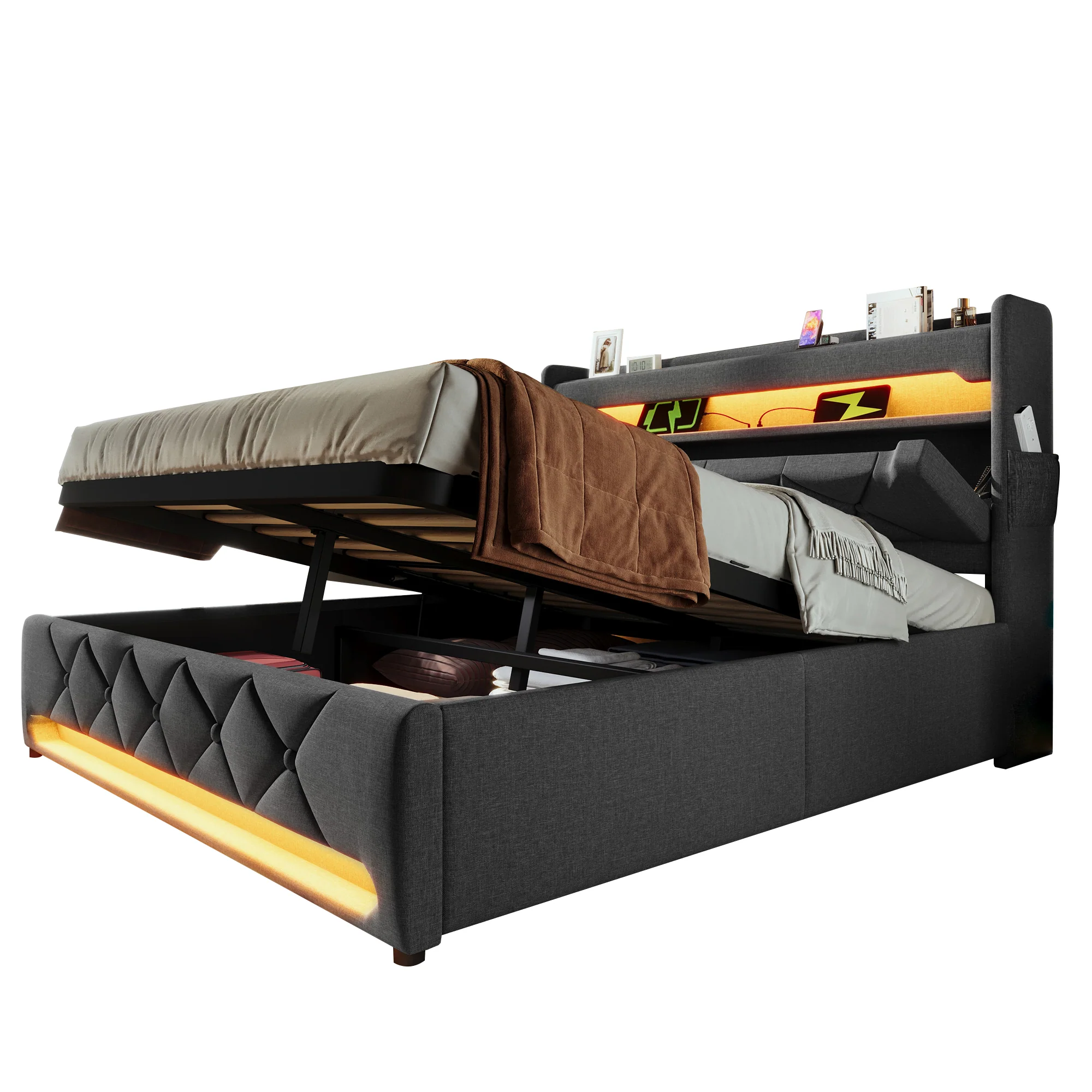 Upholstered Double Bed 160*200, Storage Headboard with USB & Type-C, Hydraulic Storage, Gray Linen - Image 8