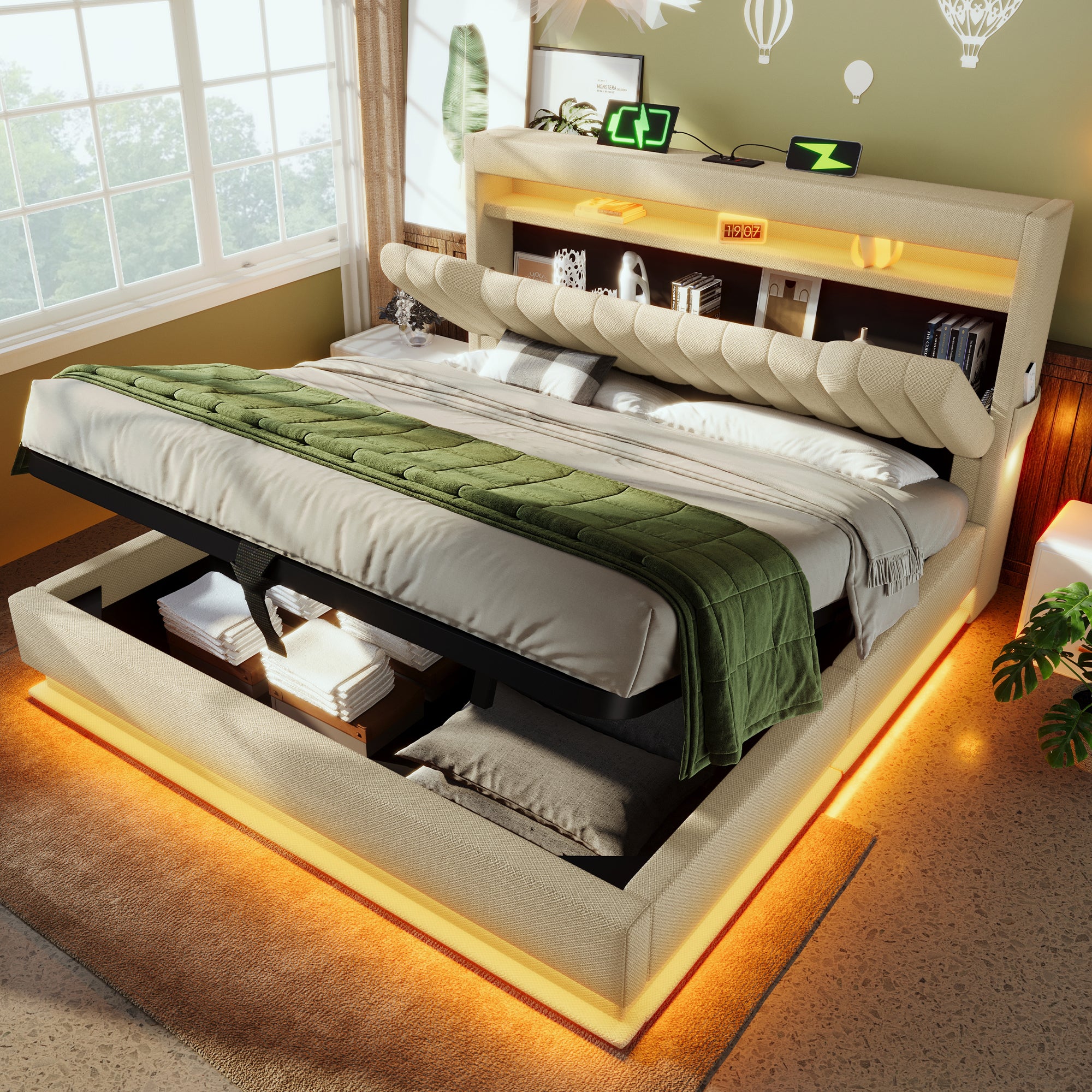 Upholstered Double Bed, 160x200cm, Storage Headboard with USB/Type-C, LED Lighting, Hydraulic Storage, Beige Linen