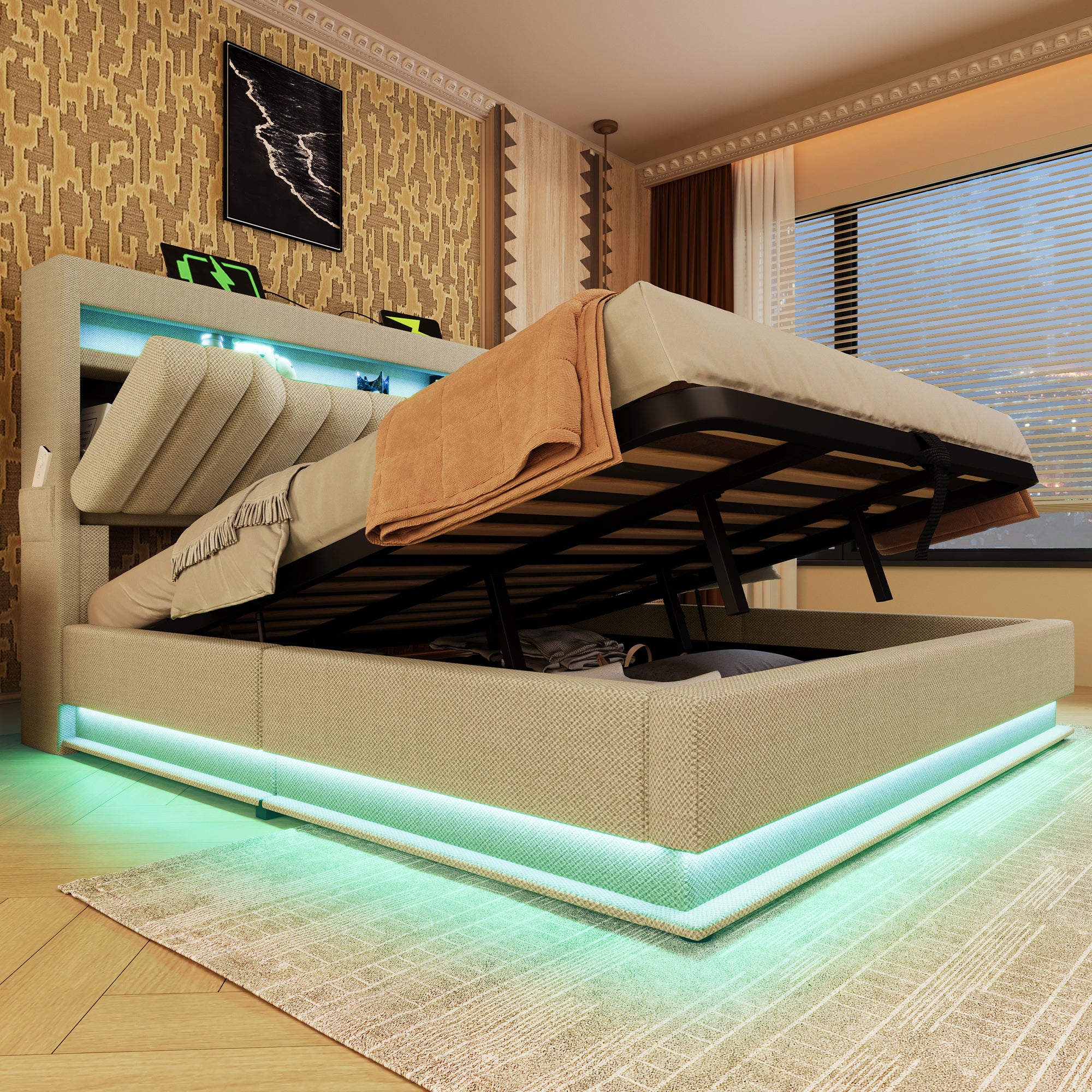 Upholstered Double Bed, 160x200cm, Storage Headboard with USB/Type-C, LED Lighting, Hydraulic Storage, Beige Linen - Image 10