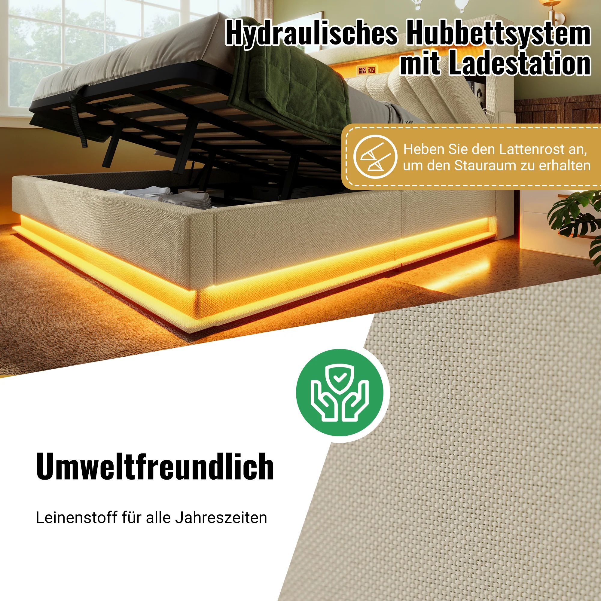 Upholstered Double Bed, 160x200cm, Storage Headboard with USB/Type-C, LED Lighting, Hydraulic Storage, Beige Linen - Image 3