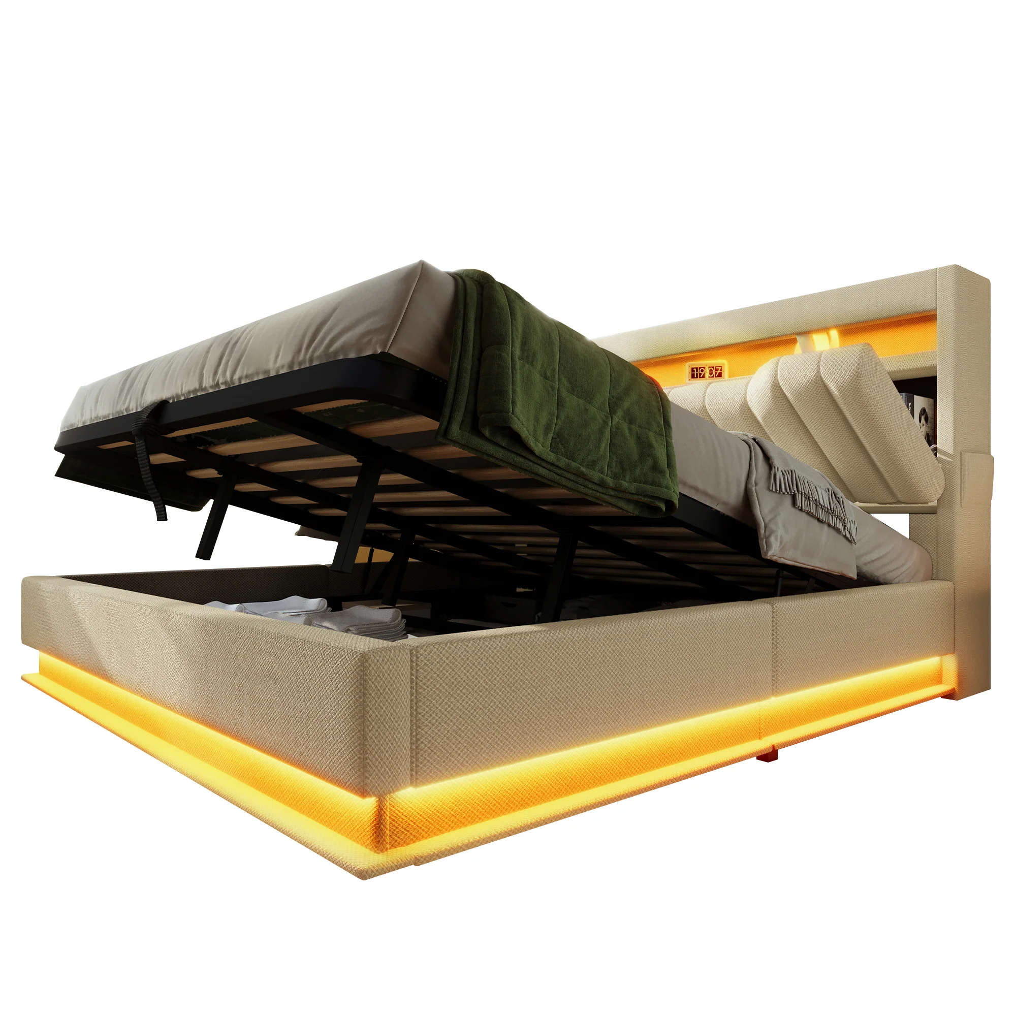 Upholstered Double Bed, 160x200cm, Storage Headboard with USB/Type-C, LED Lighting, Hydraulic Storage, Beige Linen - Image 8