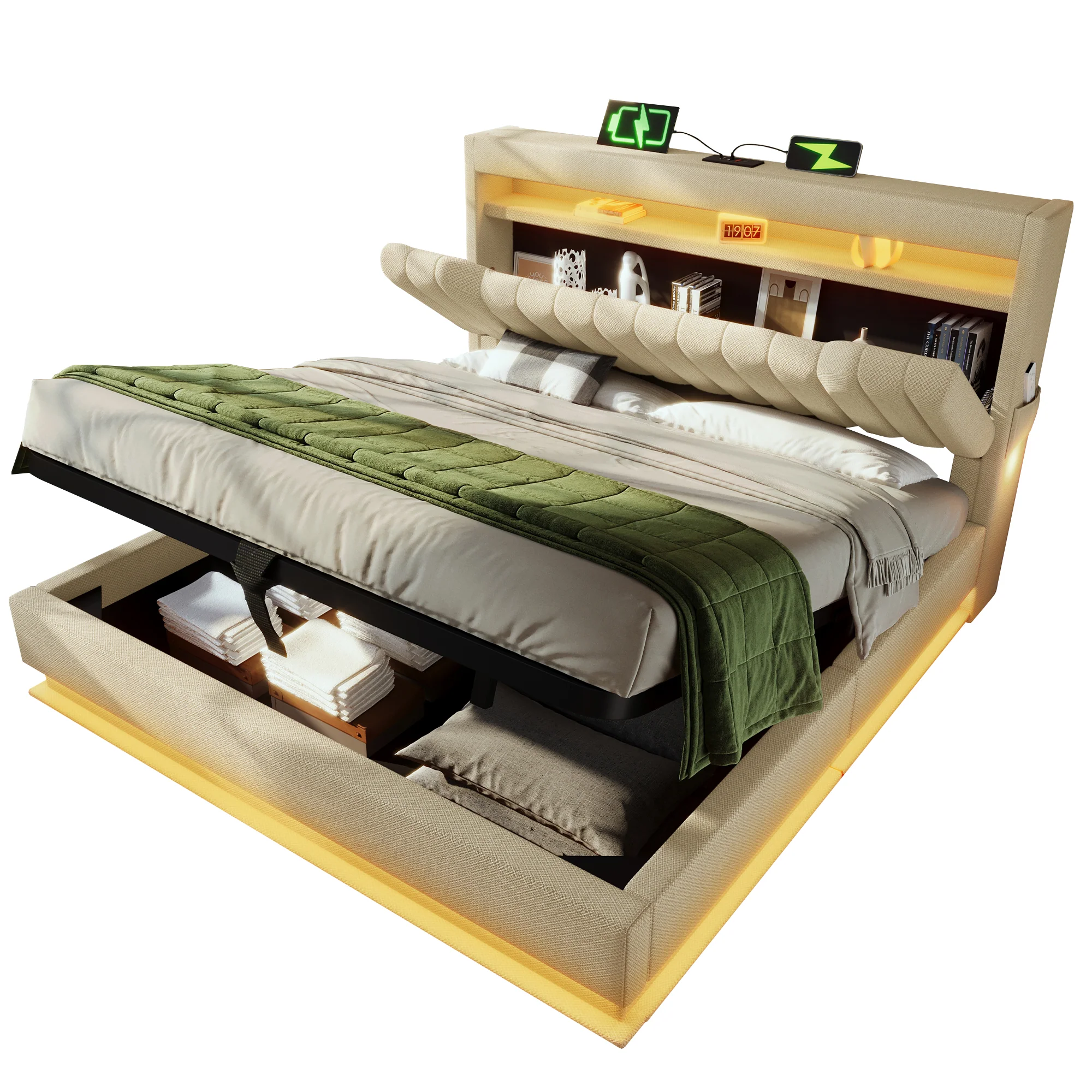 Upholstered Double Bed, 160x200cm, Storage Headboard with USB/Type-C, LED Lighting, Hydraulic Storage, Beige Linen - Image 9