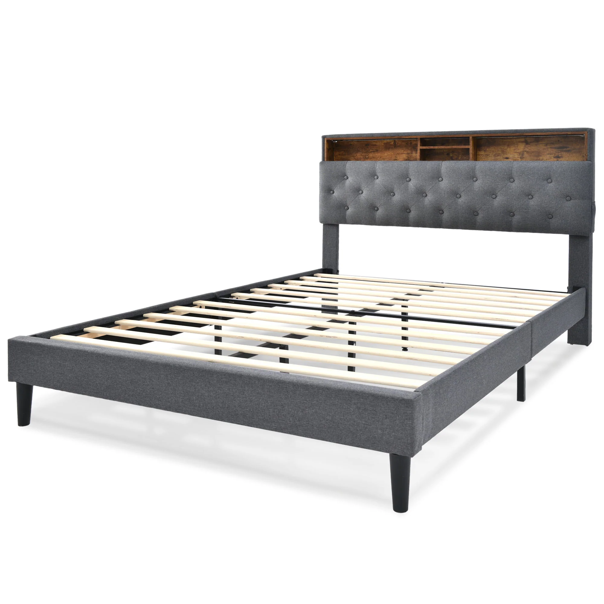 Upholstered Double Bed, Storage Headboard LED Lights 140x200cm, Wooden Frame Grey - Image 2