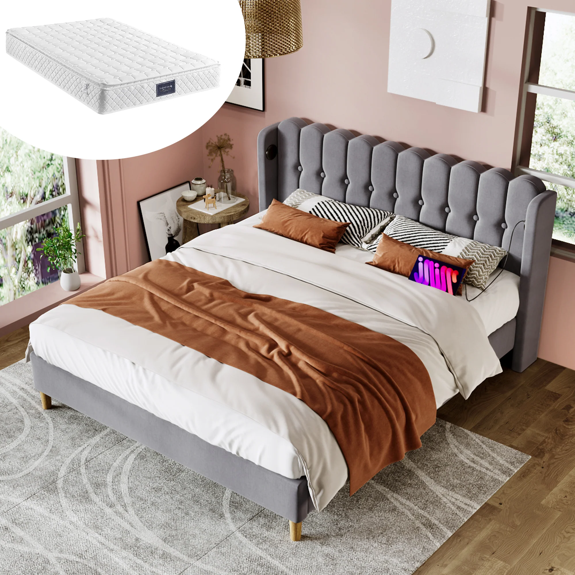 Upholstered Double Bed, USB Type C Charging, Slatted Frame, Gray Linen