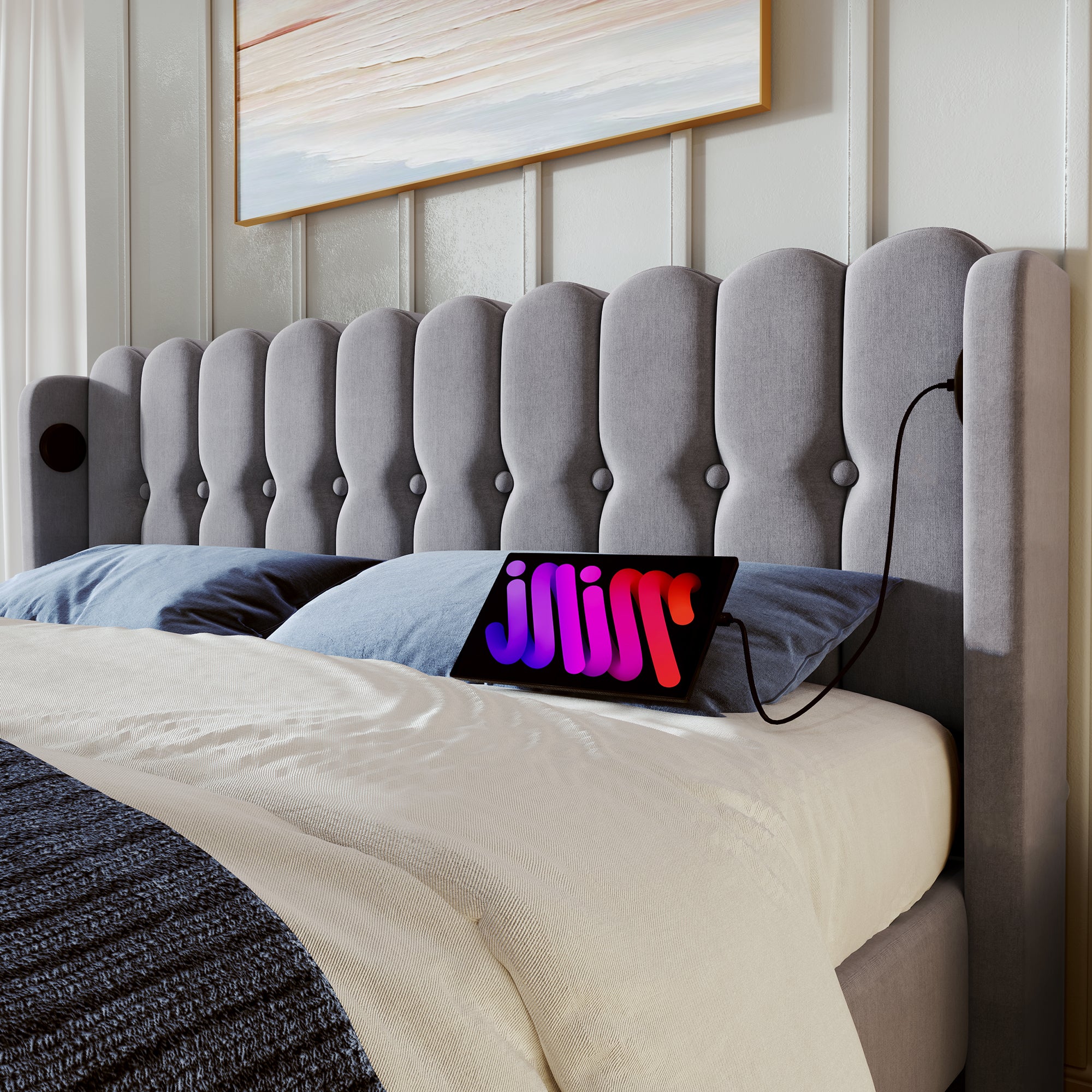 Upholstered Double Bed, USB Type C Charging, Slatted Frame, Gray Linen - Image 10