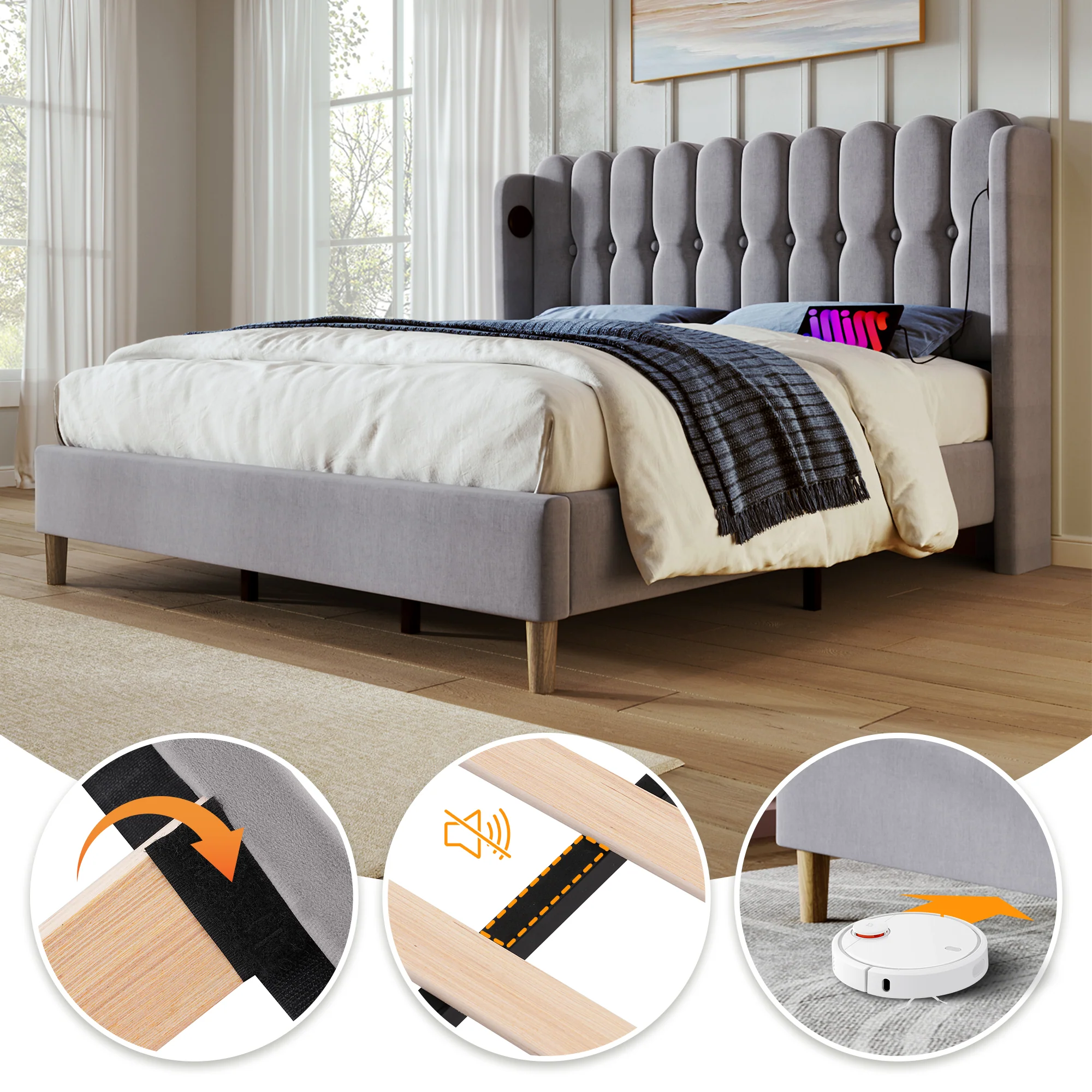 Upholstered Double Bed, USB Type C Charging, Slatted Frame, Gray Linen - Image 2