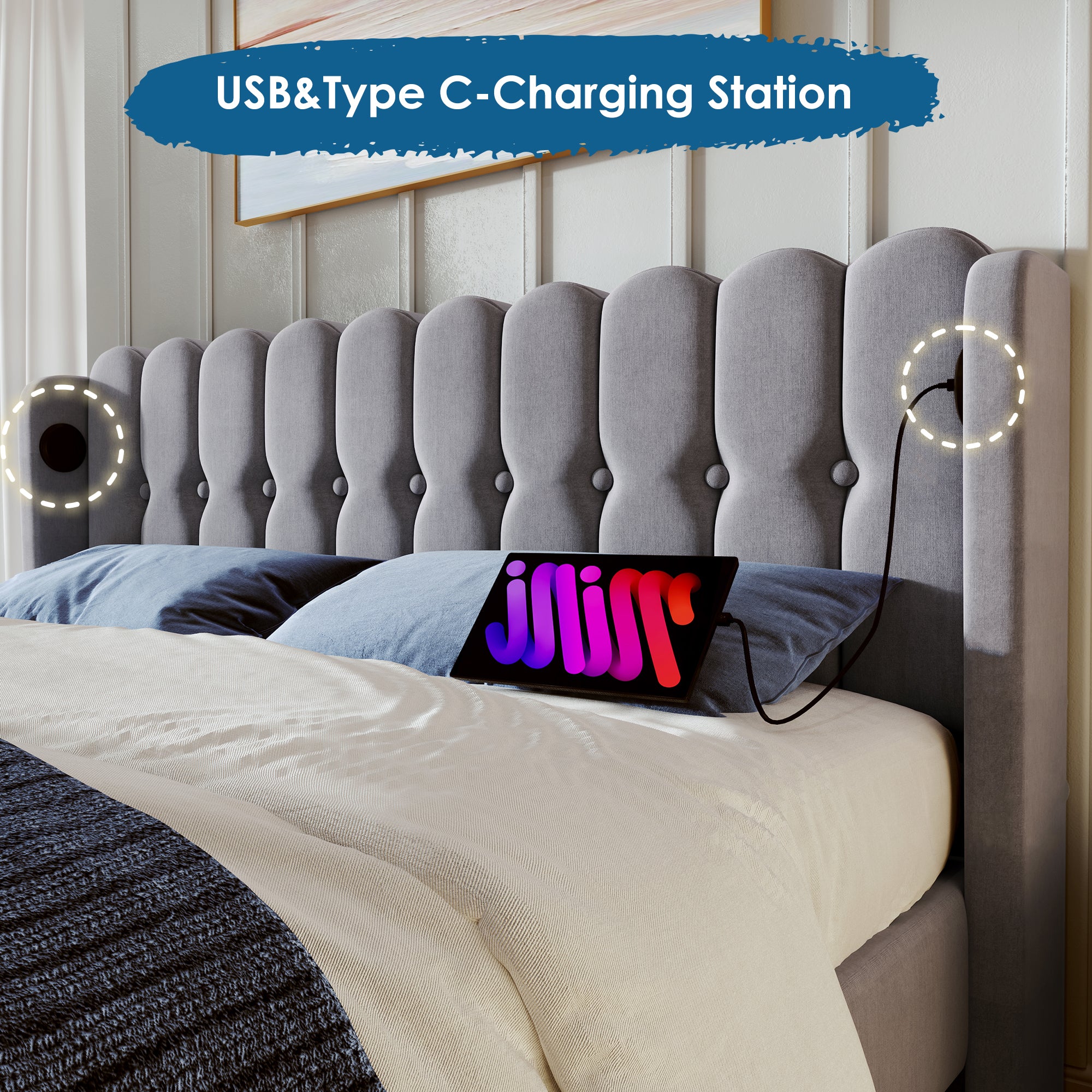 Upholstered Double Bed, USB Type C Charging, Slatted Frame, Gray Linen - Image 3
