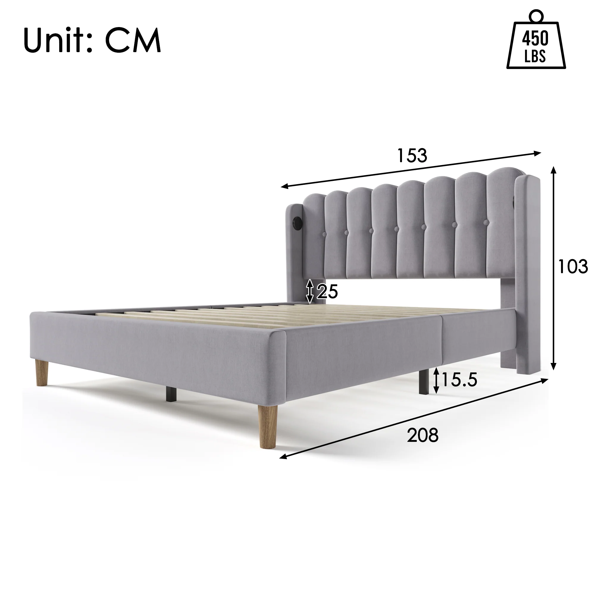 Upholstered Double Bed, USB Type C Charging, Slatted Frame, Gray Linen - Image 4
