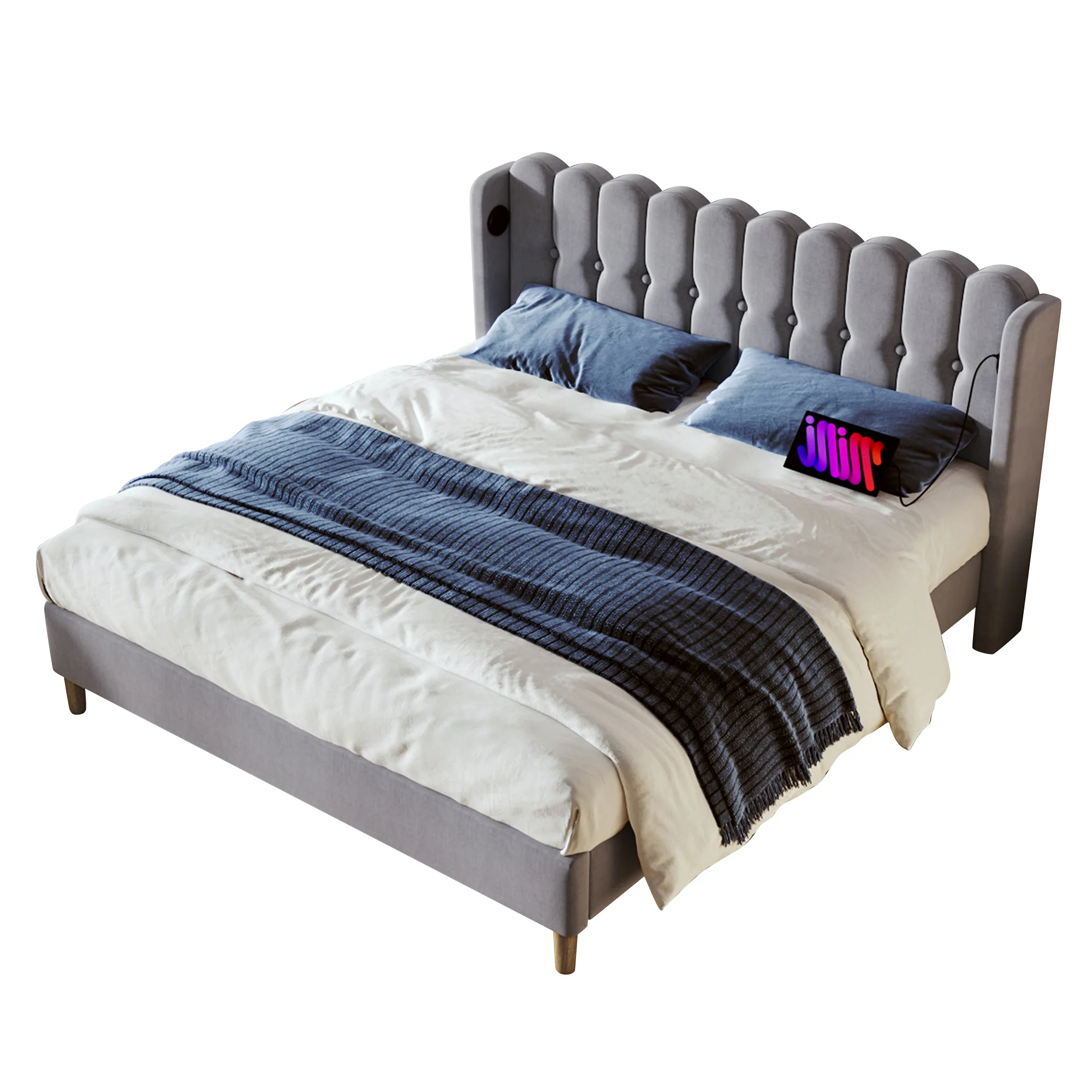 Upholstered Double Bed, USB Type C Charging, Slatted Frame, Gray Linen - Image 5
