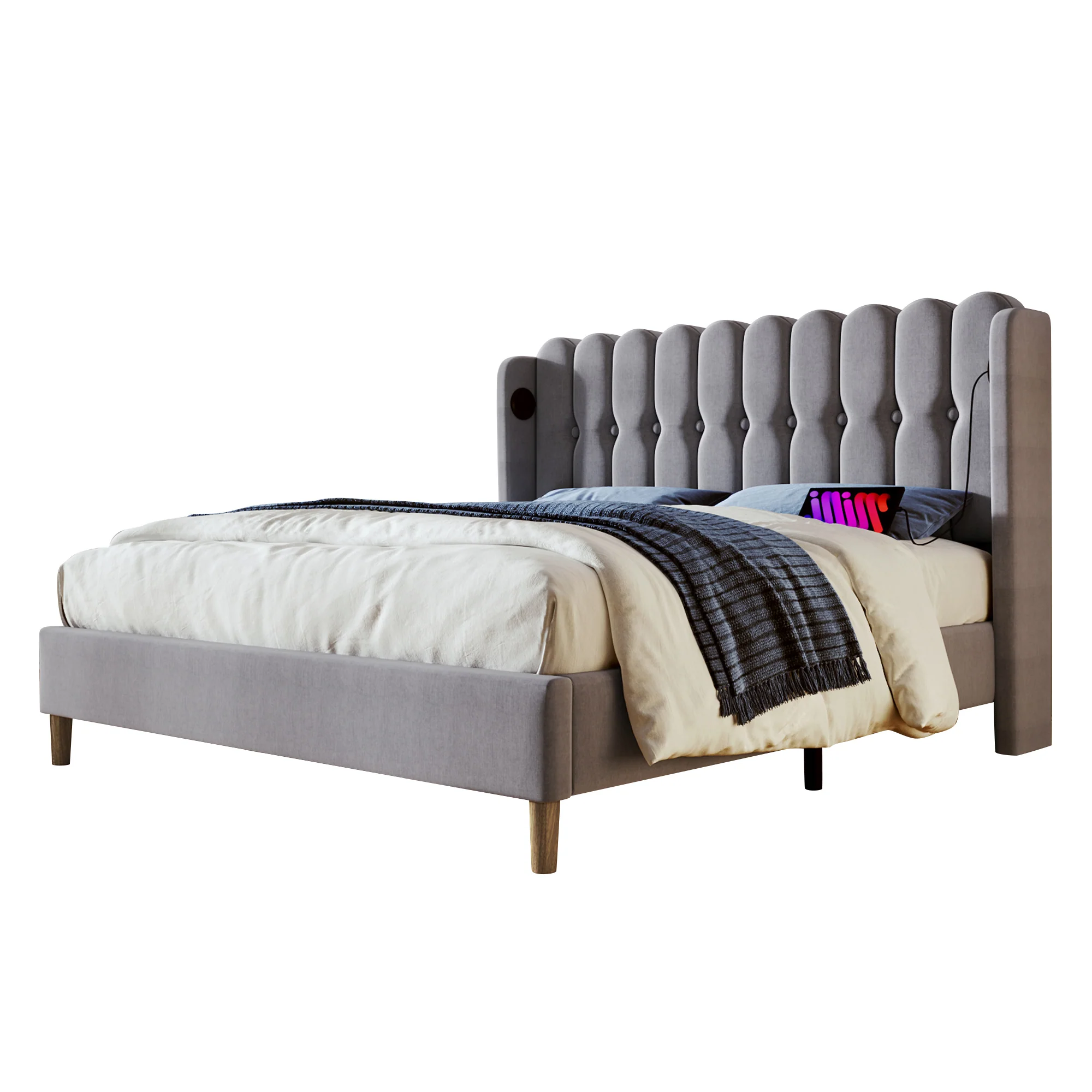 Upholstered Double Bed, USB Type C Charging, Slatted Frame, Gray Linen - Image 6