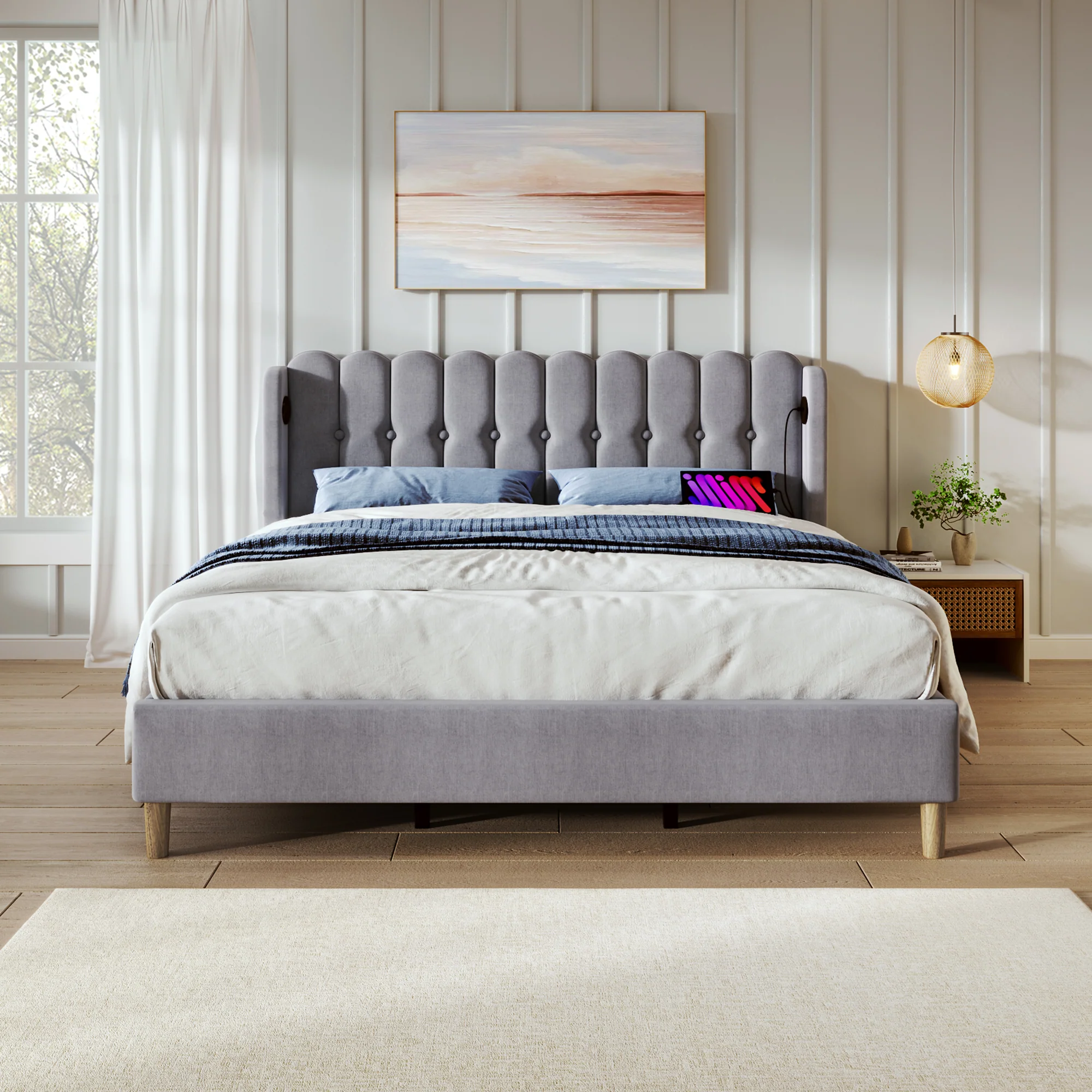 Upholstered Double Bed, USB Type C Charging, Slatted Frame, Gray Linen - Image 7