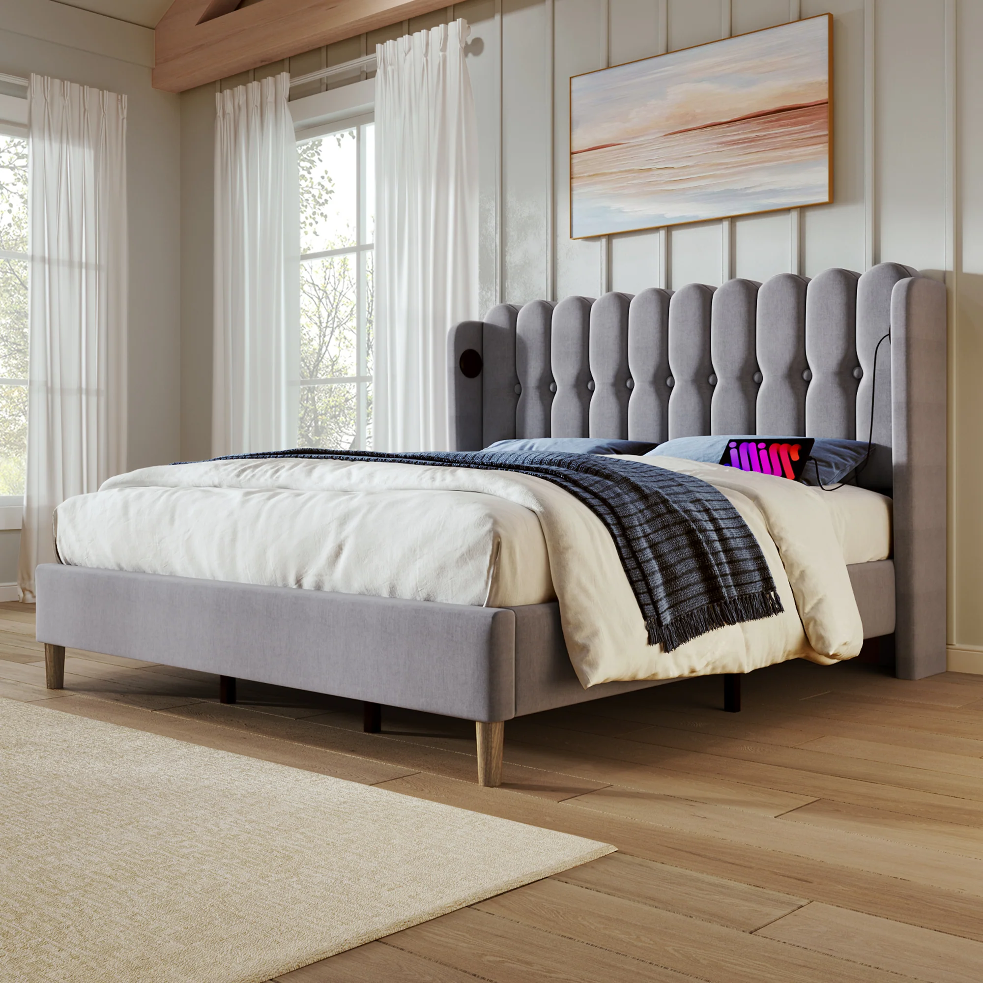 Upholstered Double Bed, USB Type C Charging, Slatted Frame, Gray Linen - Image 8