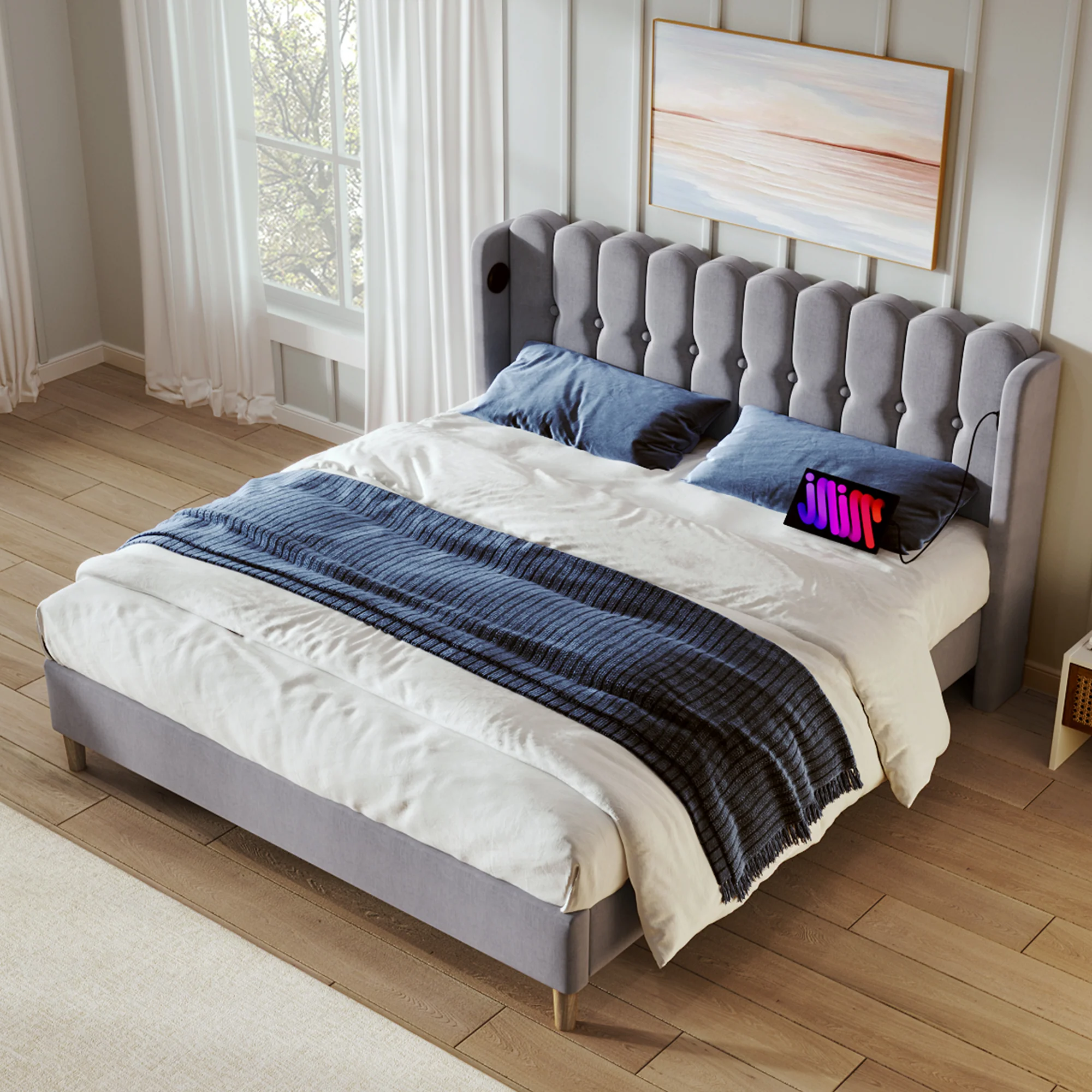 Upholstered Double Bed, USB Type C Charging, Slatted Frame, Gray Linen - Image 9