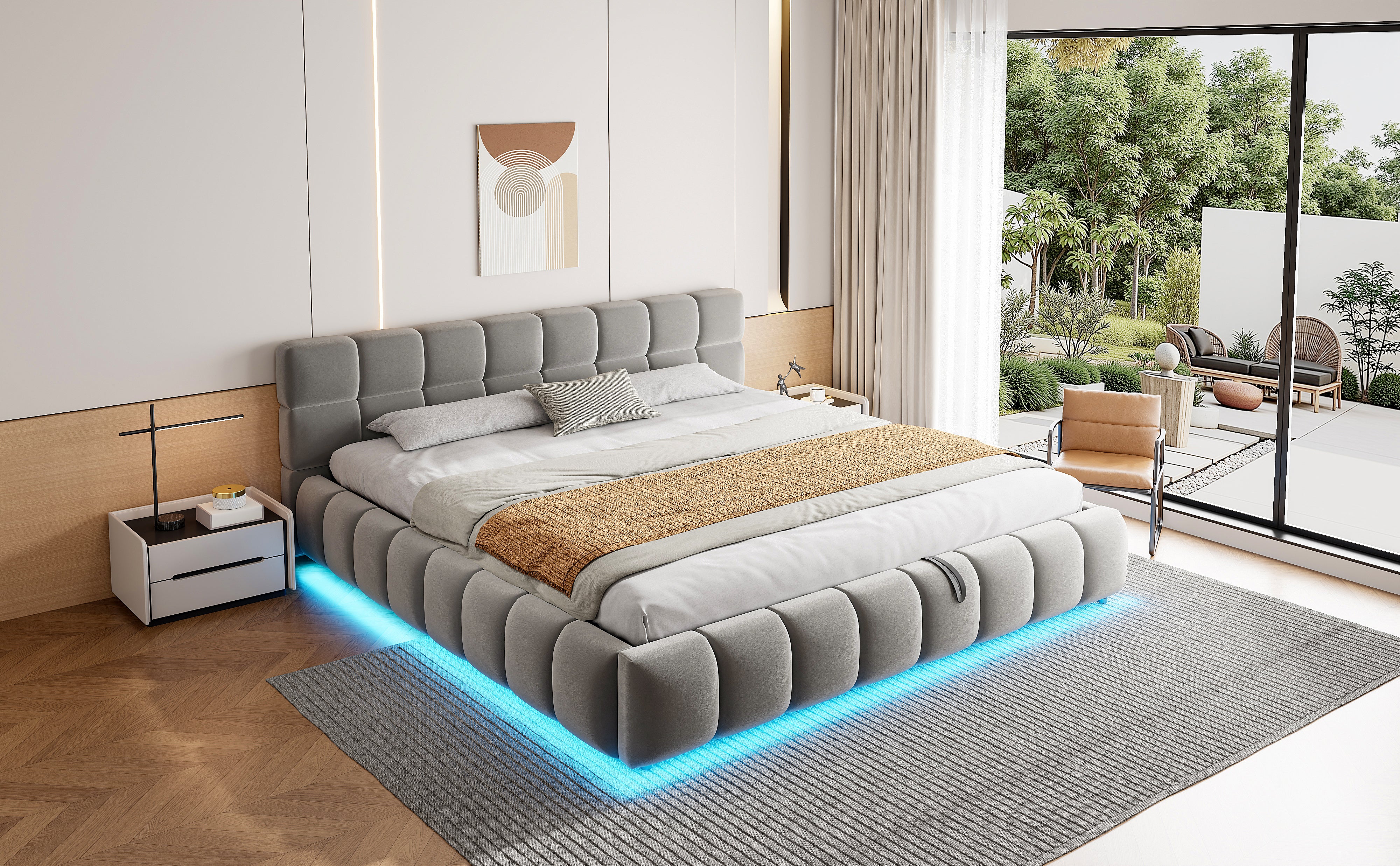 Upholstered Double Bed with Light Strip and Hydraulic Storage, 180x200cm, Grey Velvet - Image 7