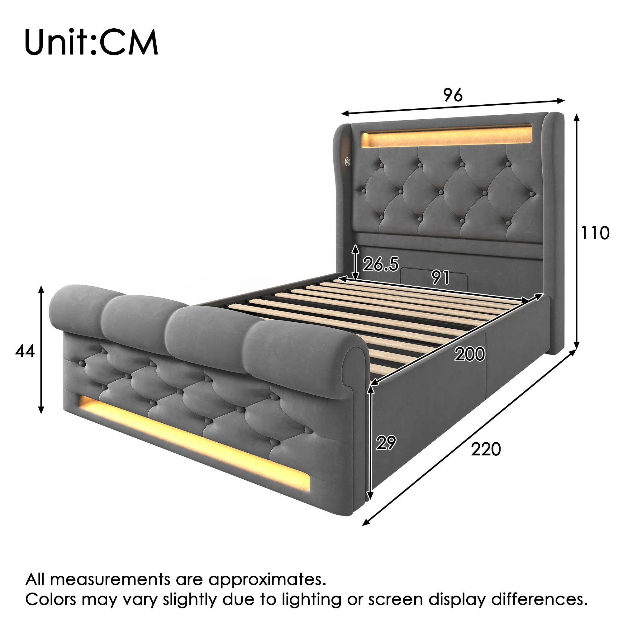 Upholstered Single Bed 90x200cm LED Headboard USB Hydraulic Storage Grey Velvet - Image 2