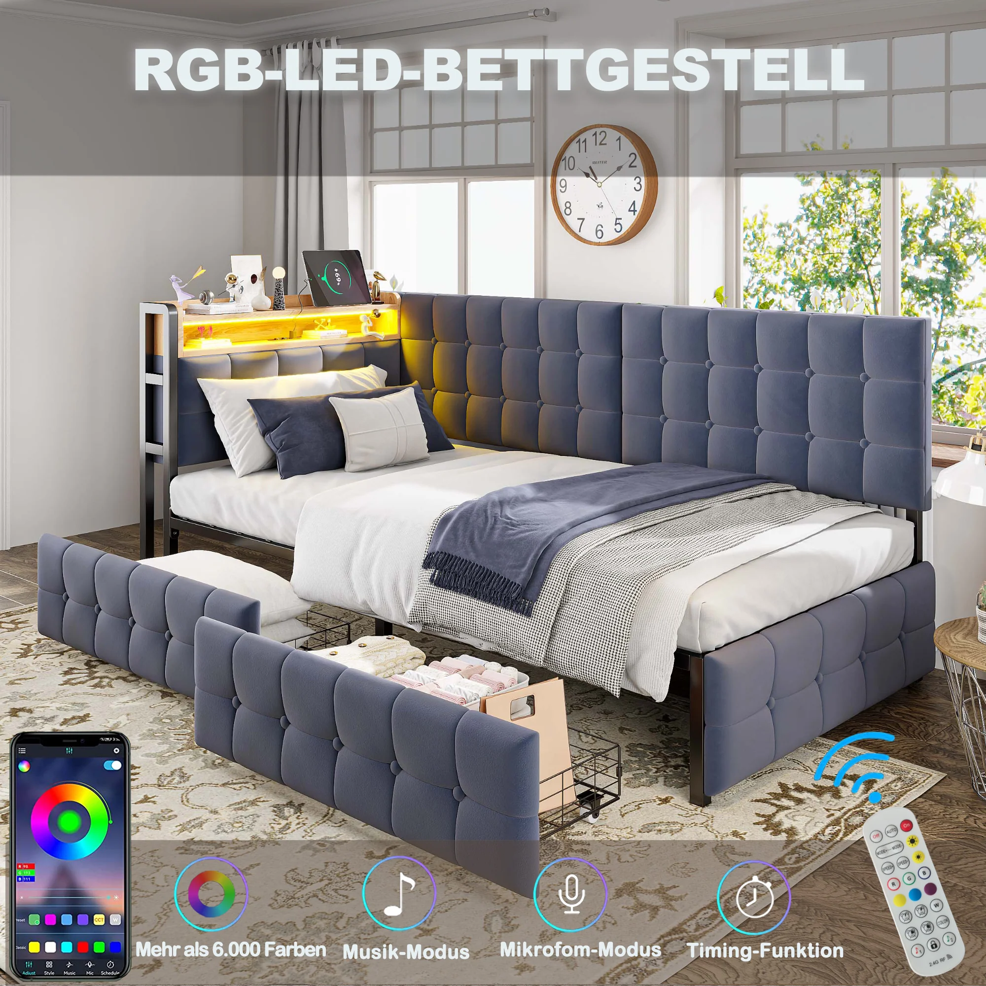 Upholstered Sofa Bed 90x200 Multifunctional LED USB/Type-C Drawers Grey - Image 6