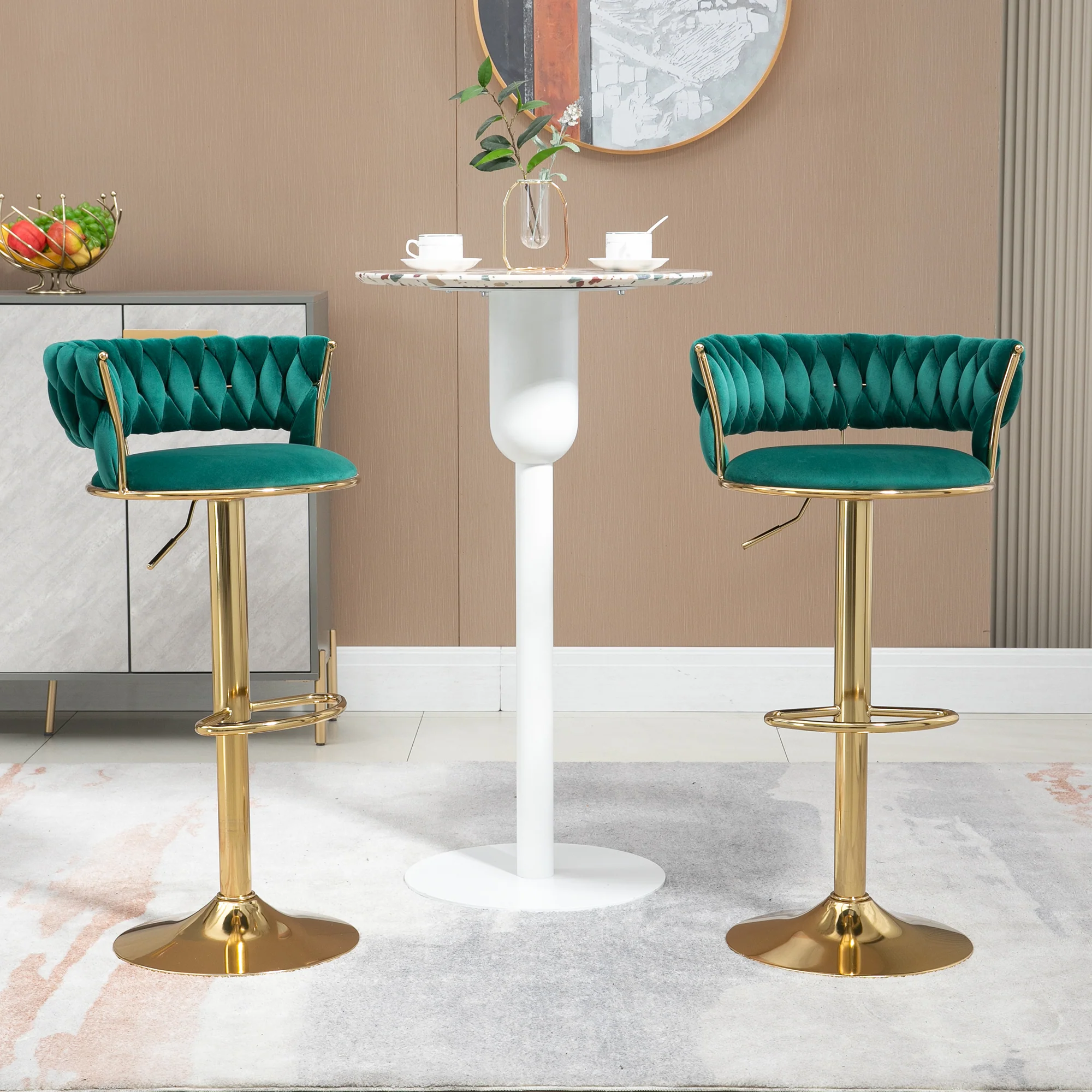 Velvet Bar Stool Set, 360° Swivel, Adjustable Height, Handcrafted Backrest, Upholstered