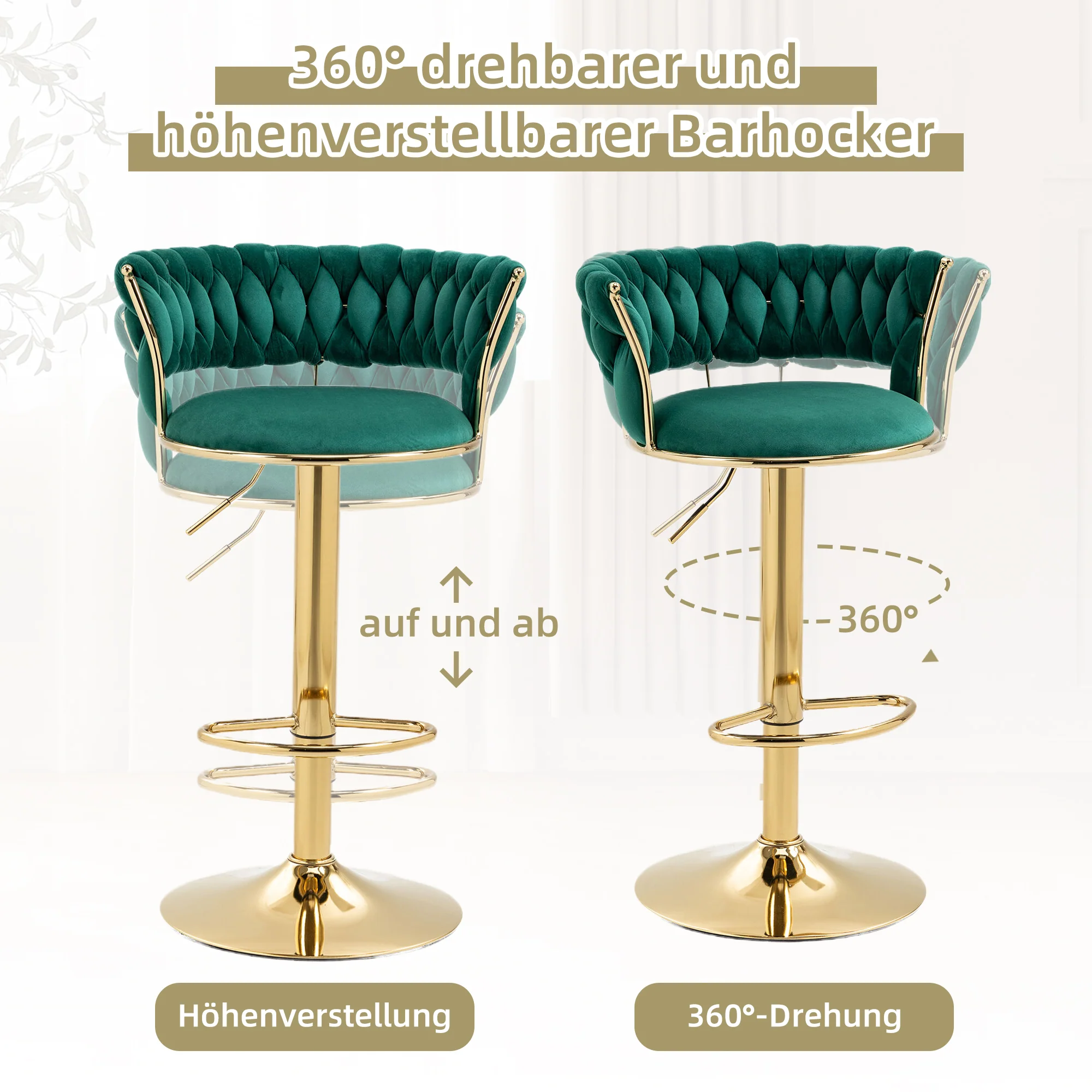 Velvet Bar Stool Set, 360° Swivel, Adjustable Height, Handcrafted Backrest, Upholstered - Image 3