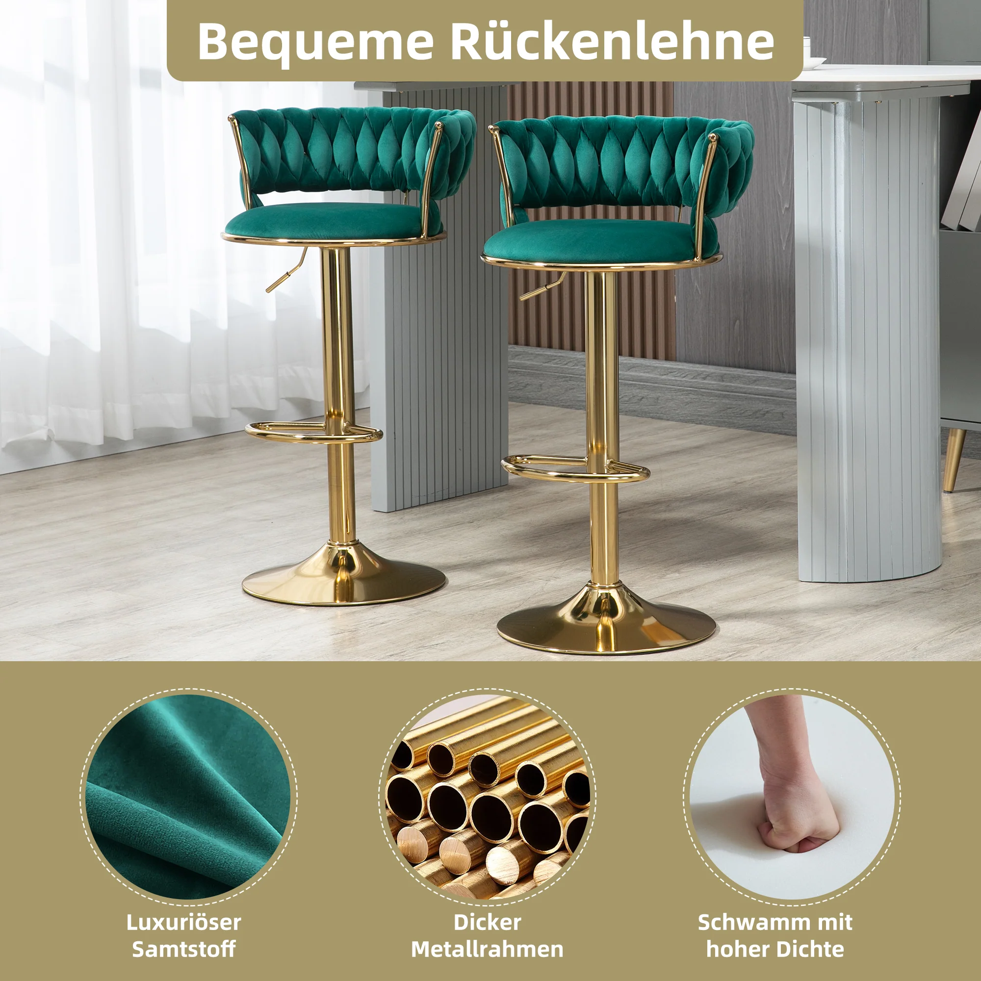 Velvet Bar Stool Set, 360° Swivel, Adjustable Height, Handcrafted Backrest, Upholstered - Image 5