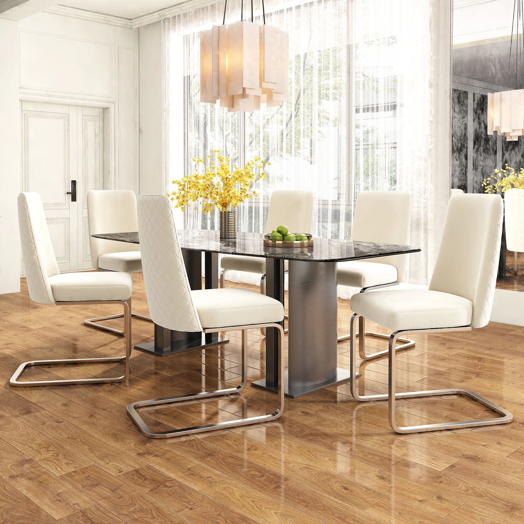 Velvet Dining Chair Set of 4, Diamond Back Silver Metal Legs, Beige - Image 2
