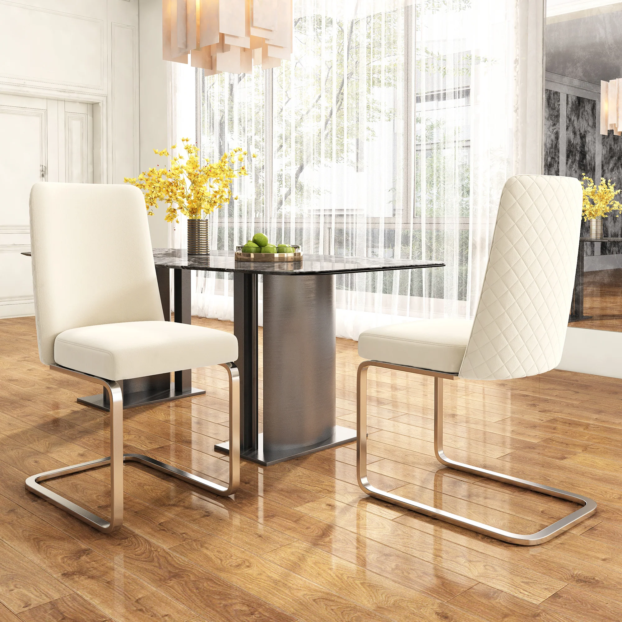 Velvet Dining Chair Set of 4, Diamond Back Silver Metal Legs, Beige - Image 3