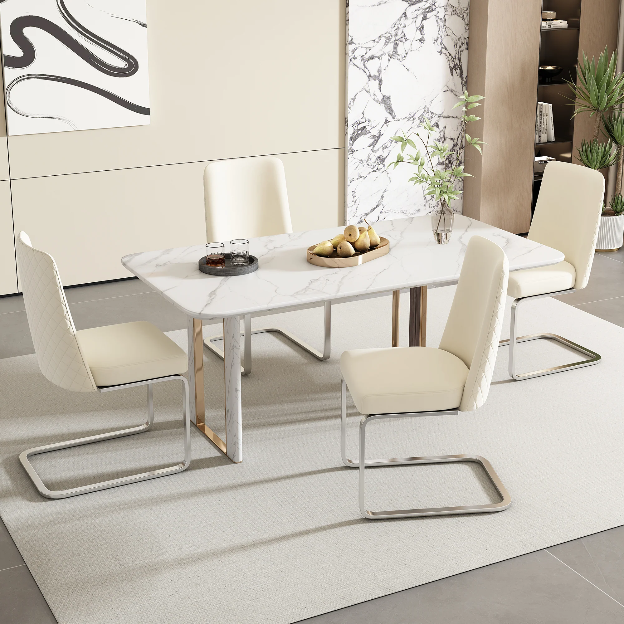 Velvet Dining Chair Set of 4, Diamond Back Silver Metal Legs, Beige - Image 4